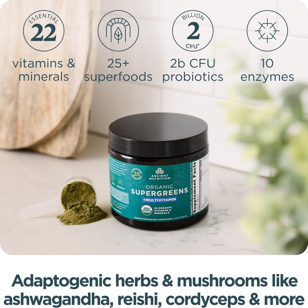 Ancient Nutrition Ancient Nutrition Organic SuperGreens Powder with Probiotics, Organic Multivitamin Greens, Made from Real Fruits, Vegetables and Herbs, Digestive and Energy Support, 12 Servings, 3.6oz