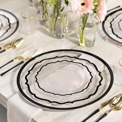 PLASTICPRO PLASTICPRO 32 Pack Elegant Disposable Plastic Plates Combo Set Includes 16 Dinner Plates and 16 Salad Plates Heavy Duty Fancy Party Plates Clear & Black Contemporary Design