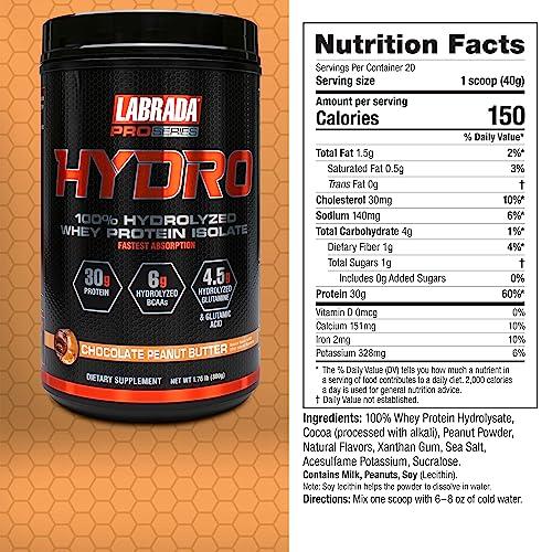 Labrada LABRADA HYDRO 100% Pure Hydrolyzed Whey Protein Isolate Powder, Lactose free, 6g BCAAs, 4.5g Glutamine, Fastest Digesting Whey Available, Instant Mixing, Delicious Taste 20 Servings Choc PeanutButter