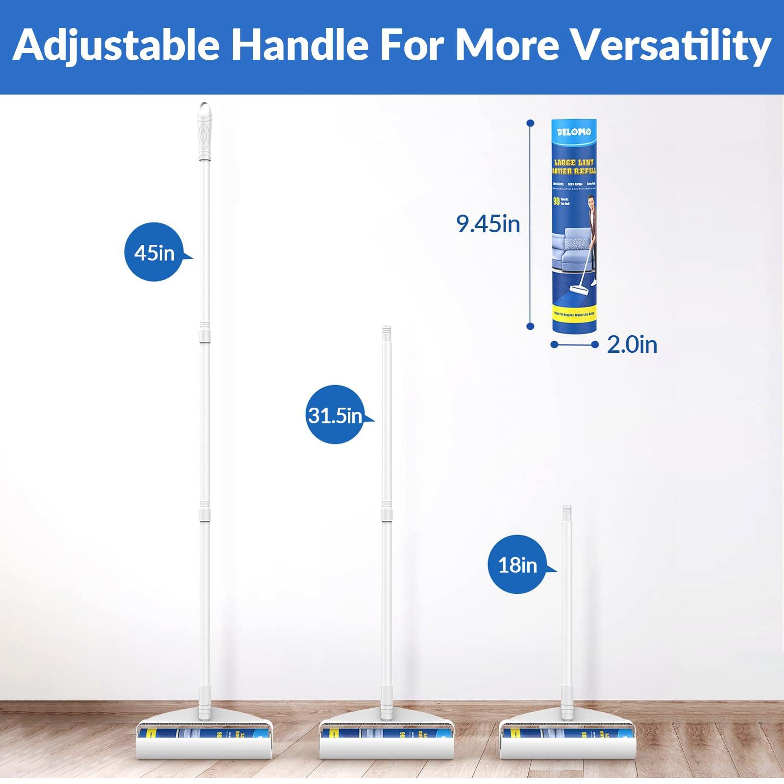 DELOMO Large Lint Rollers for Carpet, Sticky Rollers for Floor DELOMO 9.45 in with 3 Extendable Handle,Long Handle Sticky Mop for Cleaning Carpets, Cars, Clothing, and Pet Hair
