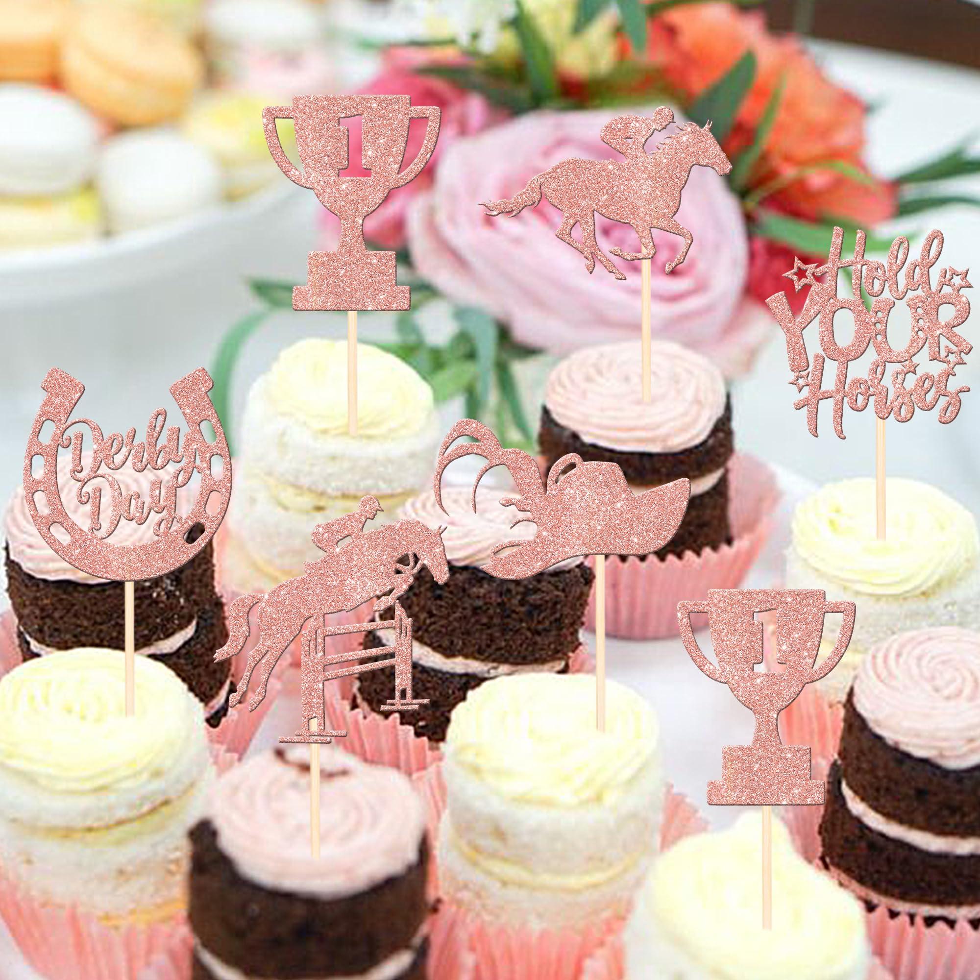 ZHUOWEISM 24 PCS Derby Horse Cupcake Toppers Glitter Horse Racing Cupcake Picks Sports Equestrian Theme Baby Shower Kids Birthday Kentucky Derby Party Cake Decorations Supplies Rose Gold