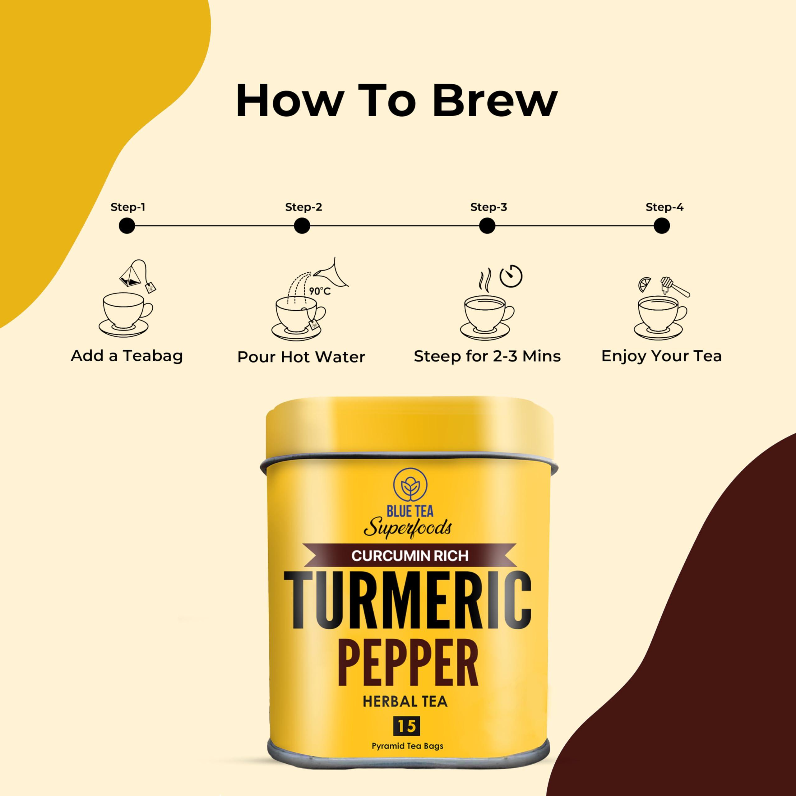 BLUE TEA BLUE TEA - Turmeric Tea - Pepper - 15 Count - Pyramid Plant Based Tea Bag | CURCUMIN RICH - HERBAL BLEND | Caffeine Free - Non-GMO - Vegan - Gluten Free - Herbal Tea - Earthy Flavor - Healthy | Tin Pack