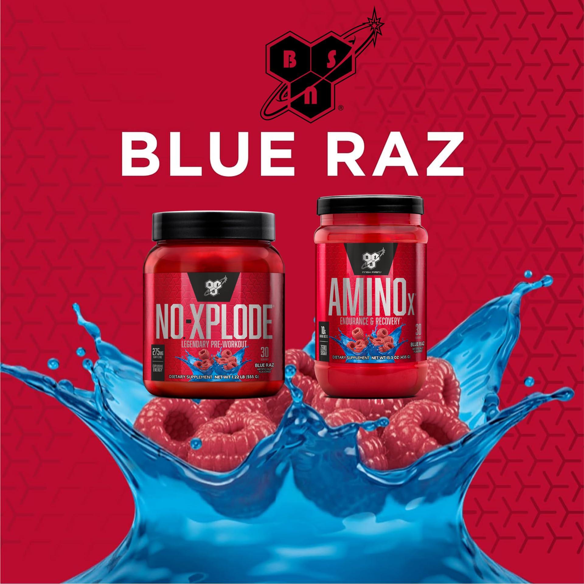 BSN BSN Workout Bundle of NO XPLODE Pre Workout Powder Blue Raz, 30 Servings AMINO X Muscle Recovery Intra Workout Support, Caffeine Free Blue Raz, 30 Servings