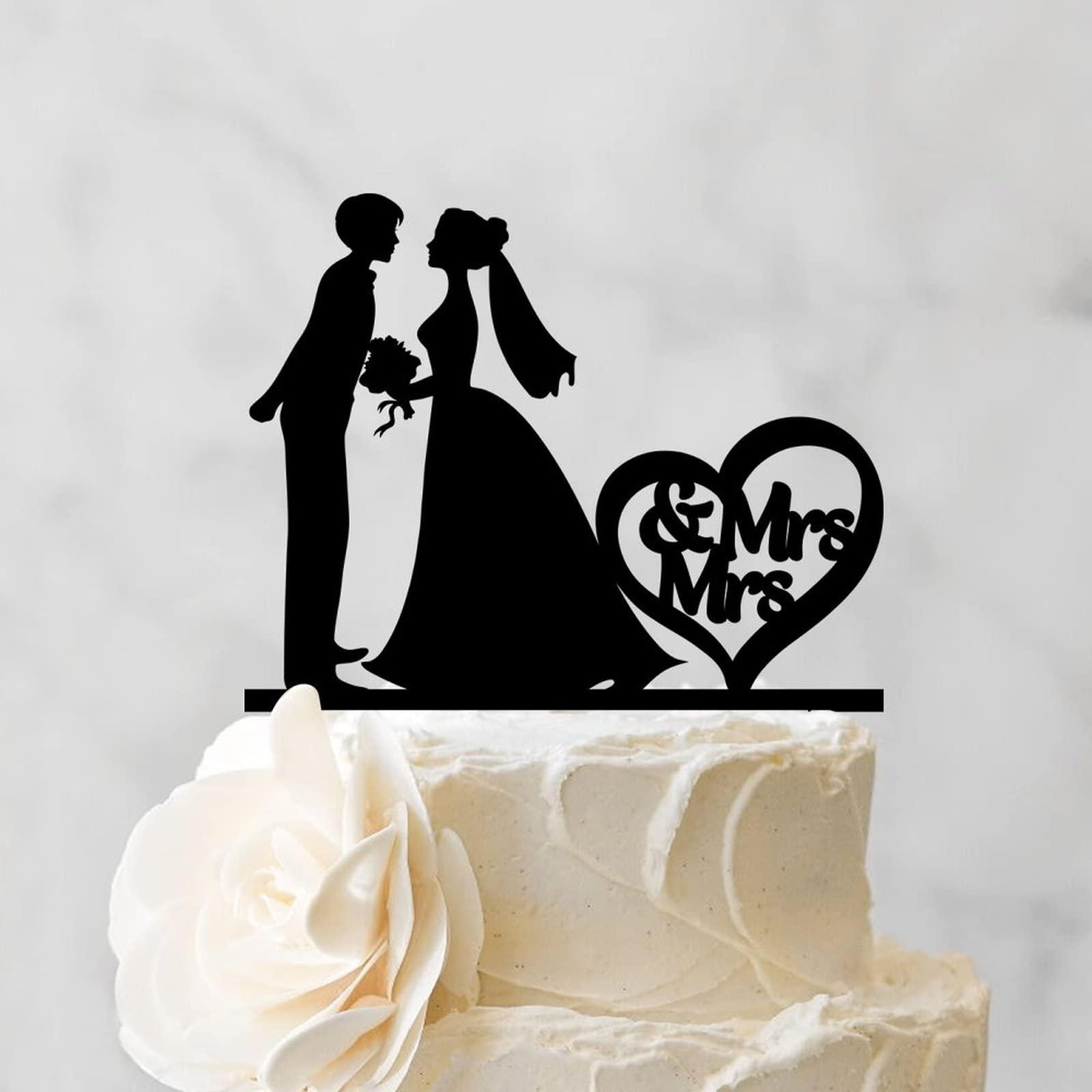 YJHLBHDIAN Two Brides Silhouette Wedding Cake Topper Mrs And Mrs Lesbians Cake Topper for Wedding Bride Couple Rustic Cake Topper Hers Engagement Cake Toppers Funny Custom LGBT Cake Topper Black Acrylic
