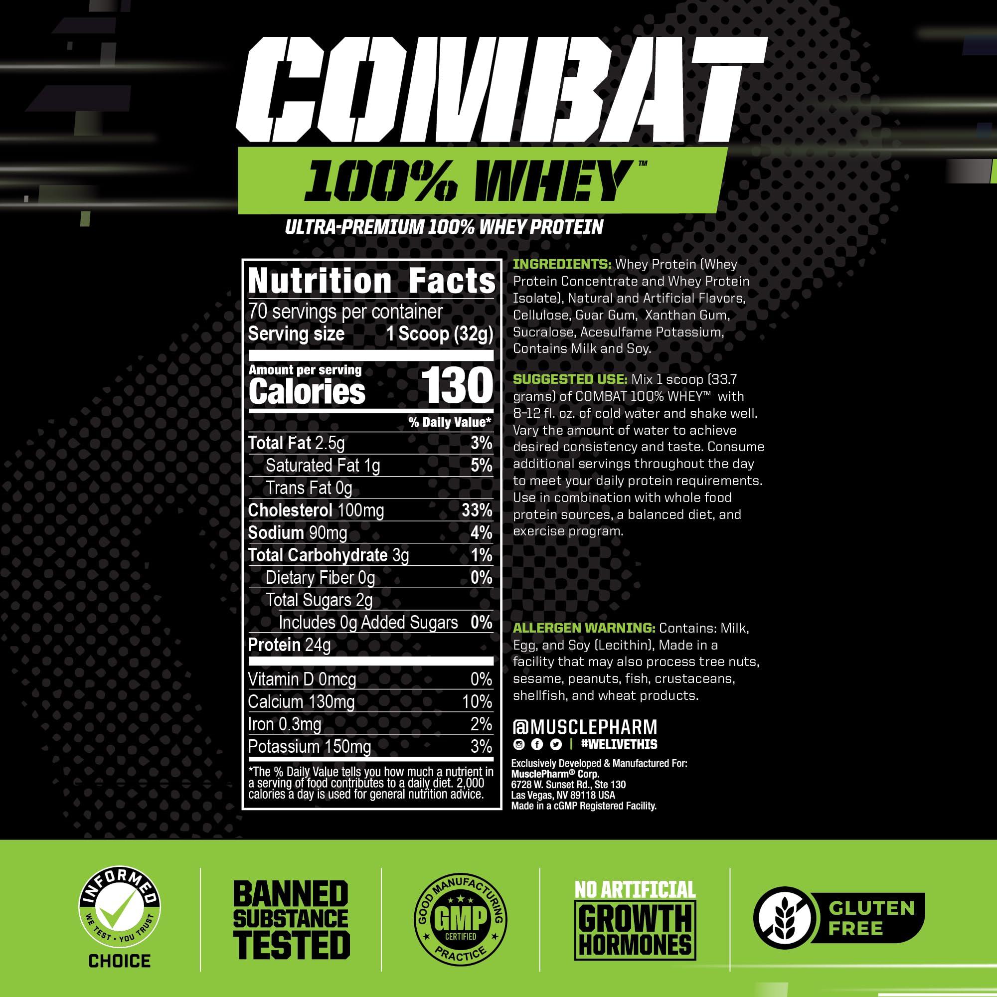 Muscle Pharm MusclePharm Combat 100% Whey Protein Powder, Vanilla Flavor, Fast Recovery & Muscle Gain with Whey Protein Isolate, High Protein Powder for Women & Men, Gluten Free, 5 lb, 70 Servings