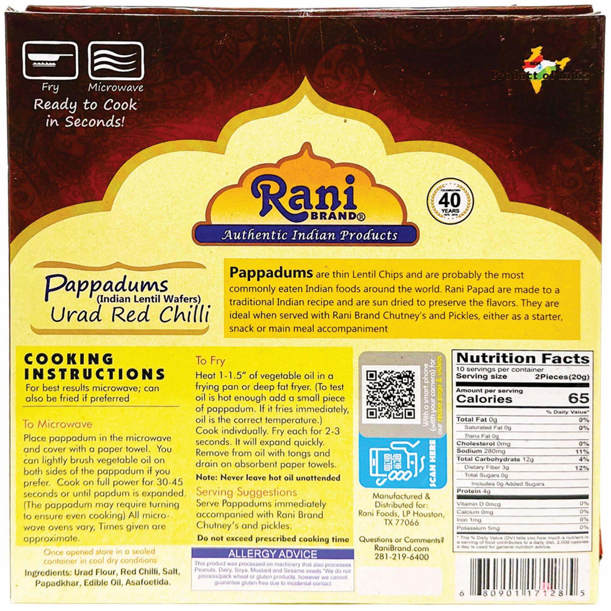 Rani Brand Authentic Indian Products Rani Pappadums (Indian Lentil Wafer Snack) Red Chilli Papad 7oz (200g) Approximately 15pc, 7 inches, Pack of 2 ~ All Natural | Gluten Friendly | NON-GMO | Vegan | Indian Origin