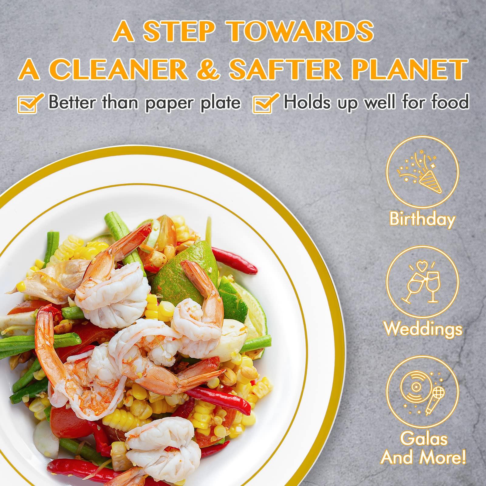 JollyPack Gold Plastic Plates 100 Pack with 10 in Dinner Plates 50 Pack, 7 in Salad Plates 50 Pack and 9 OZ Plastic Cups 300 Pack