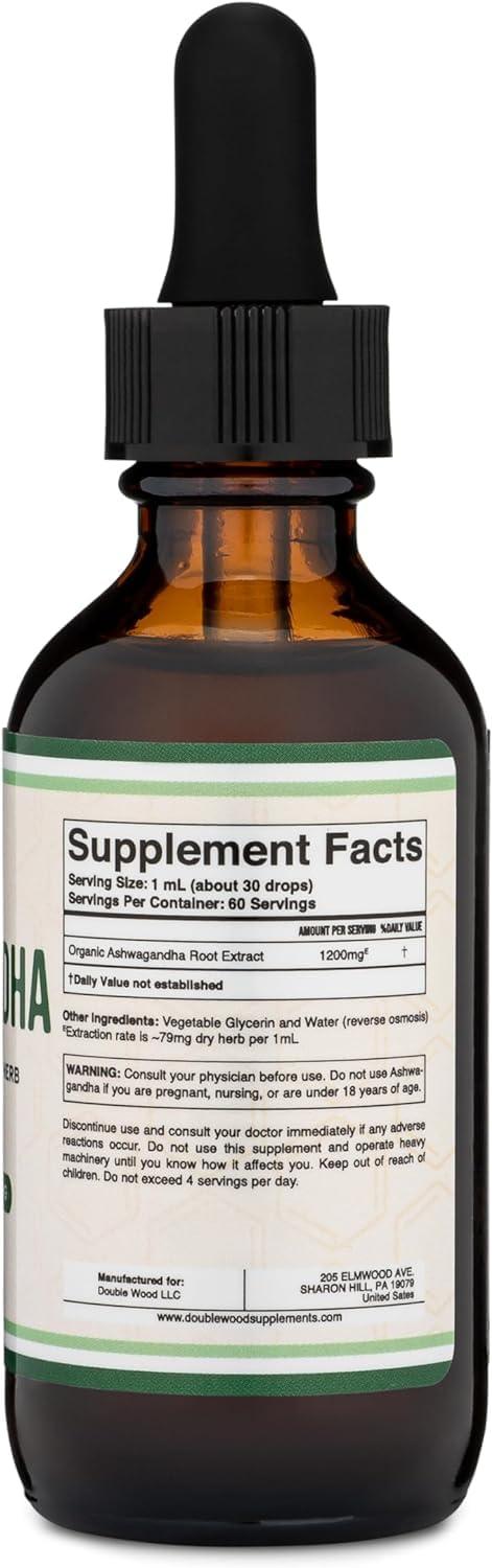 Double Wood Supplements Ashwagandha Organic Drops for Stress Relief (1,200mg, 60 Servings) Ashwagandha Tincture for Adrenal Support and Cortisol Manager (Vegan Safe, Gluten Free, Non-GMO) by Double Wood