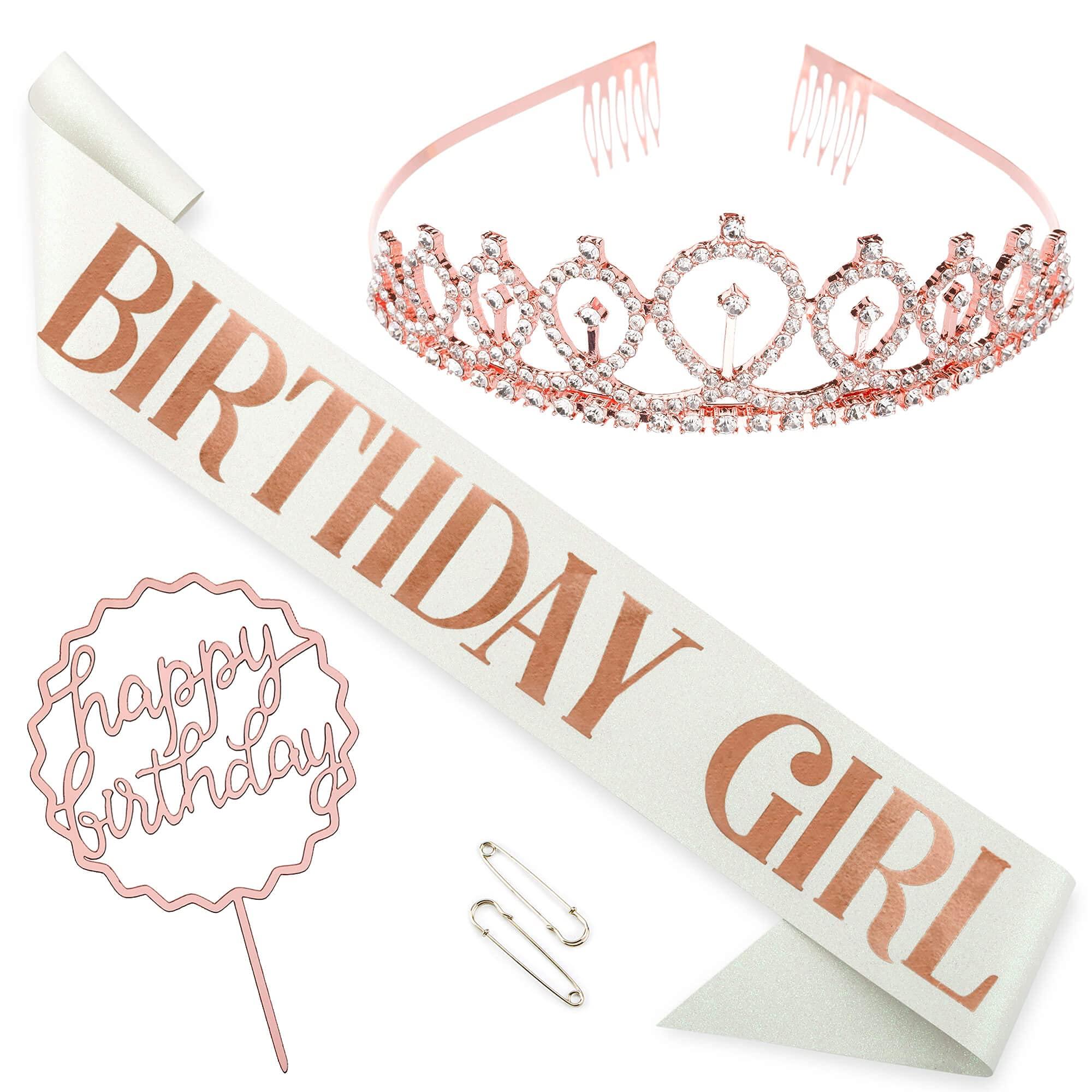 CORRURE CORRURE 'Birthday Girl' Sash, Rhinestone Tiara, and Cake Topper Set - Happy Birthday White Glitter Sash and Crown for Women's Sweet 16, 18th 21st 25th 30th 40th 50th or Any Other Bday Party