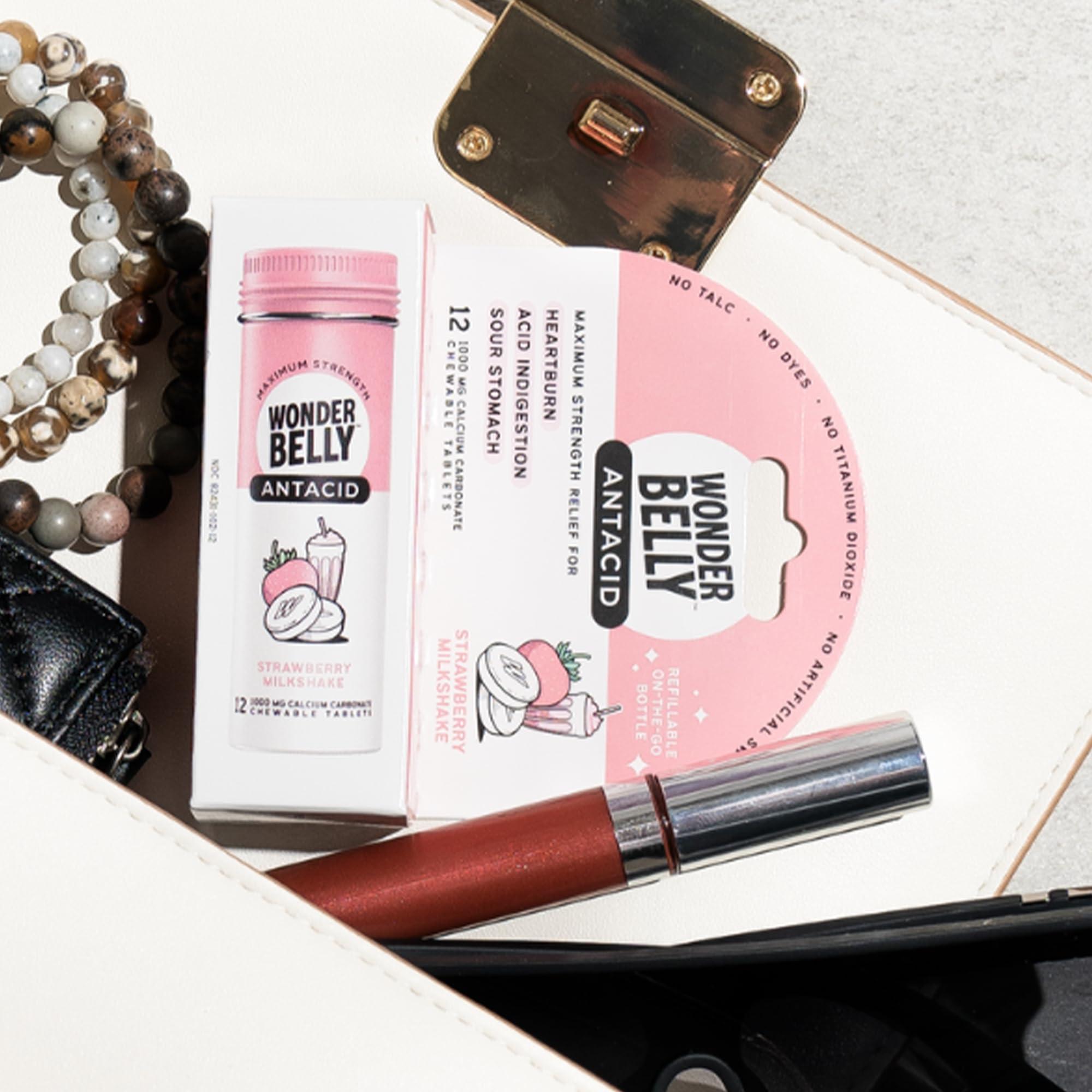 Wonderbelly Wonderbelly Antacid, Effective Heartburn & Instant Acid Indigestion Relief, Travel Size Extra Strength Chewable Tablets, 1000 mg Calcium Carbonate, Strawberry Milkshake, 12 Count (Pack of 2)