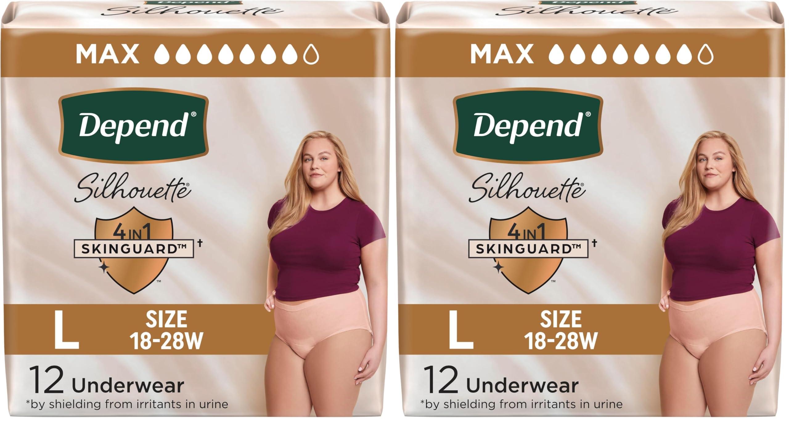 Depend Depend Silhouette Adult Incontinence & Postpartum Underwear for Women, Maximum Absorbency, Large, Pink, 12 Count (Packaging May Vary) (Pack of 2)