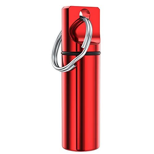 TecQach Small Pocket Pill Box Keychain, Aluminium Alloy Portable Mini Pill Organizer Case Container for Purse, Waterproof Metal Pill Holder Medicine Bottle for Outdoor Camping Travel (Red)