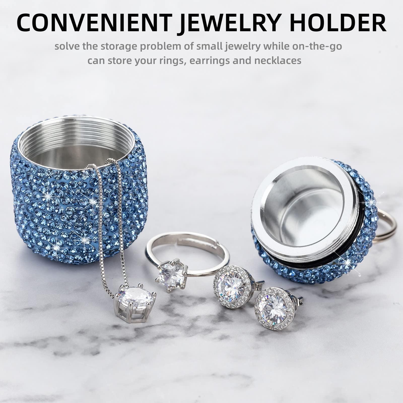 EveryBling Bling Rhinestone Pill Bottle Organizer Daily Travel Pill Case Container Ring Holder Small Medicine Holder Box for Vitamin Supplement Gum with Keychain(Light Blue)