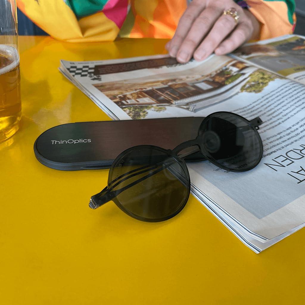 Always With You ThinOptics Bundle - Reading Glasses and Sunglasses with Cases - Ultra Thin, Durable, Lightweight - Round Black 2.5x