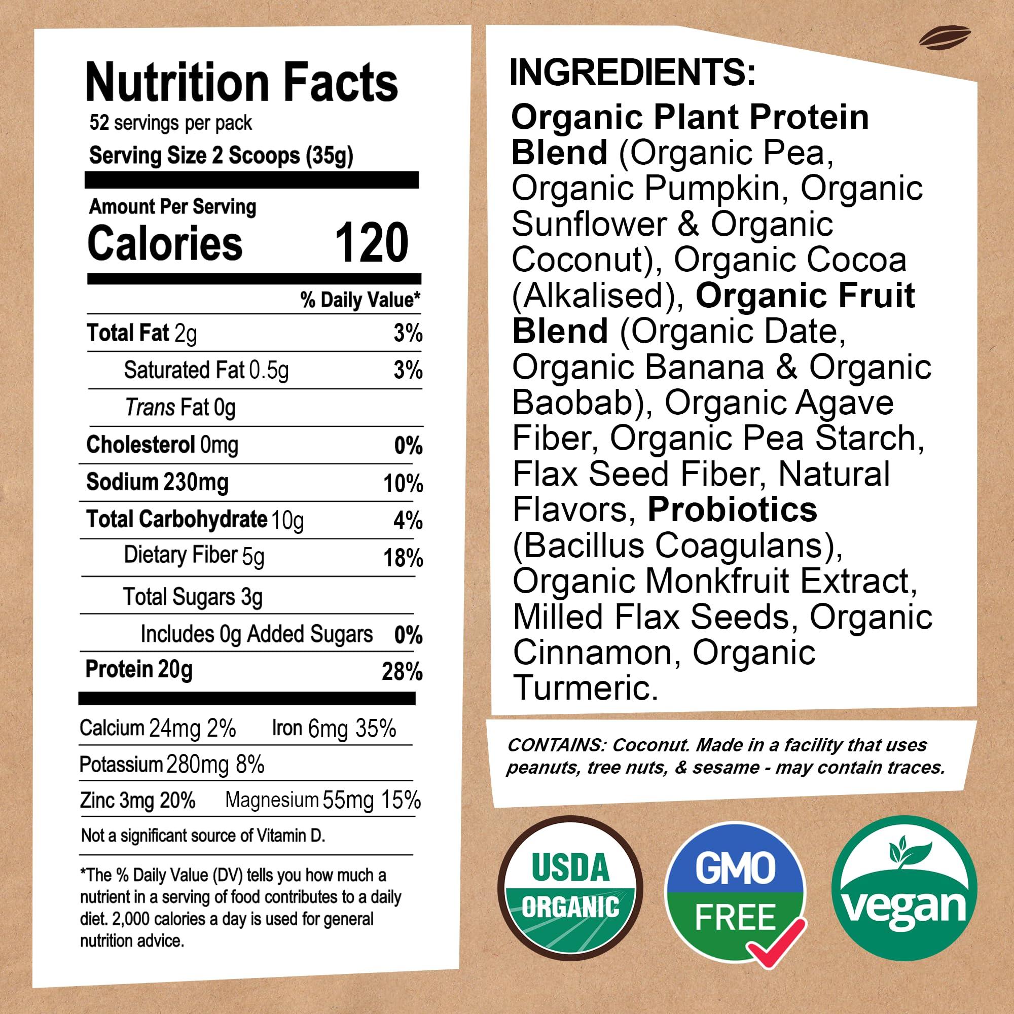 EarthChimp EarthChimp Organic Vegan Protein Powder - with Probiotics - Non GMO, Dairy Free, Non Whey, Plant Based Protein Powder for Women and Men, Gluten Free - 52 Servings 64 Oz (Chocolate) No Scoop