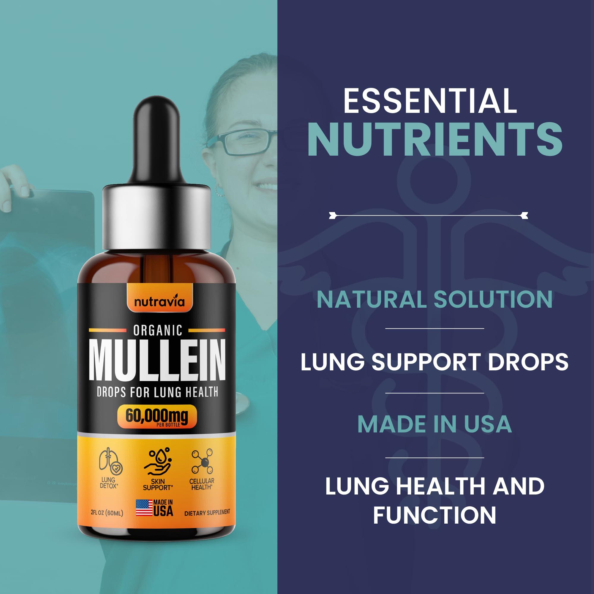 Nutravia Mullein Drops For Lungs - Extra Strength Organic Mullein Leaf Extract Tincture for Lung Health, Detox, Immune & Respiratory Support Better Lung Formula, Made in USA, Mullin Supplement Drops (2oz)