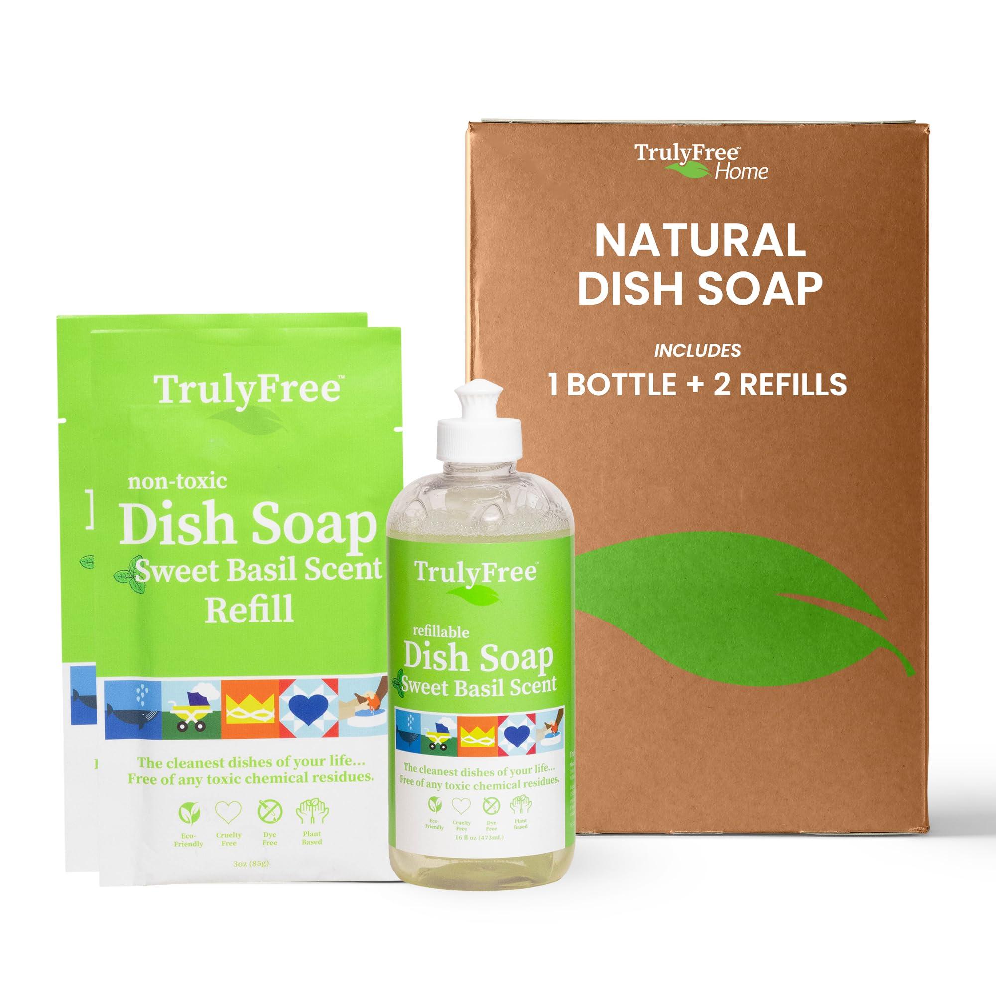 Truly Free Truly Free Natural Concentrated Dish Detergent Dishwashing Liquid | Plant-Based Dish Soap | Sweet Basil Fresh Scent | 2 Refill Packs with 1 Empty Refillable Squeeze Bottle (16 Oz)