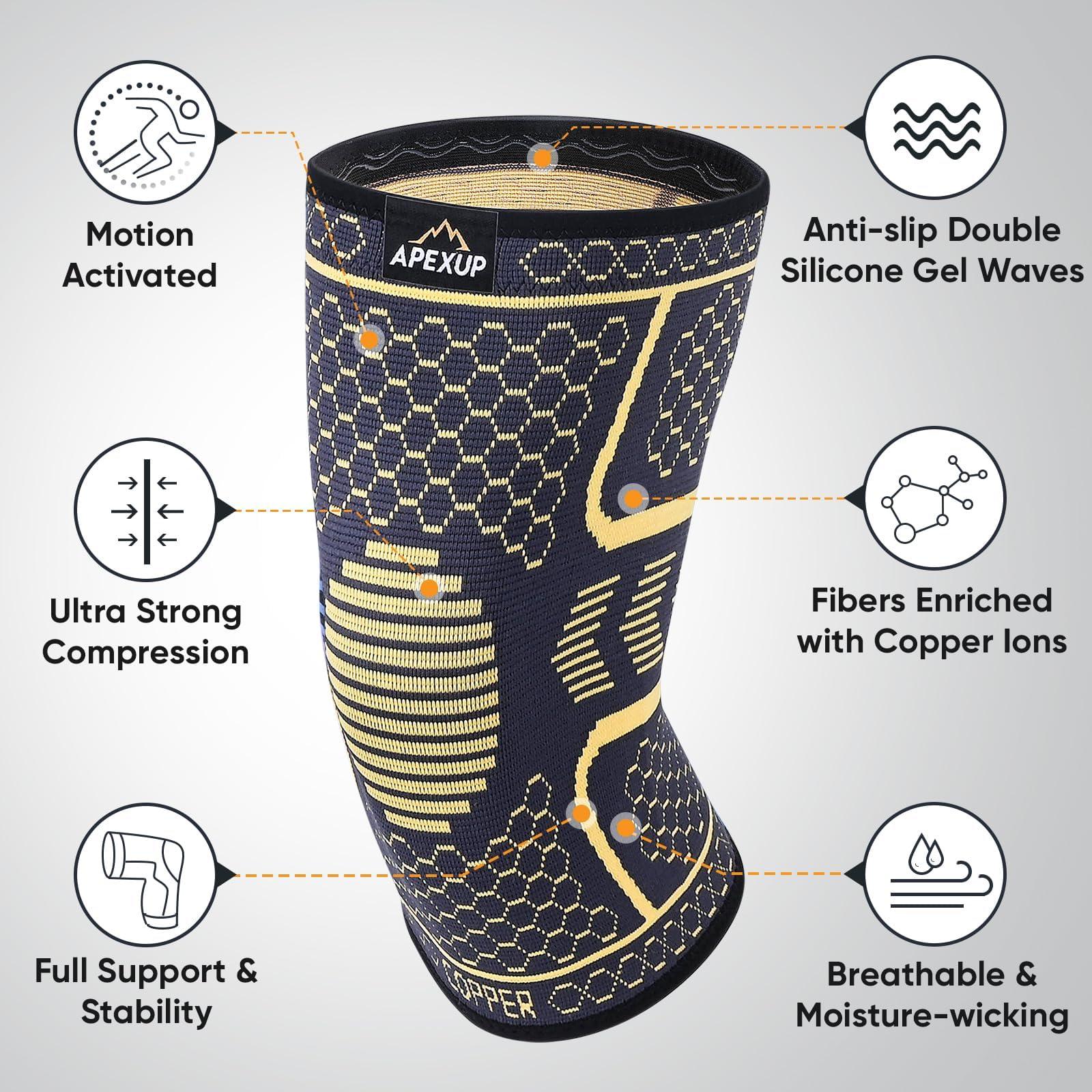 APEXUP APEXUP Copper Knee Brace for Women & Men, 2 Pack Knee Compression Sleeve for Knee Pain, Arthritis Pain Relief, Meniscus Tear, ACL, Knee Support for Running, Fitness, Weightlifting (L, Yellow)
