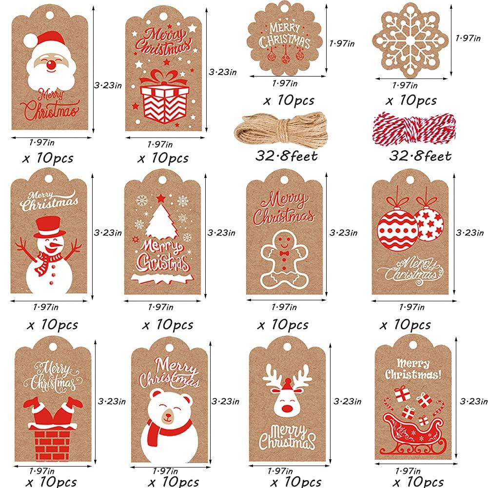 TrlaFy 120PCS Christmas Gift Tags Brown Kraft Paper Christmas Gift Tags Hanging Name Tags Labels with Twine String for Christmas Gift Wrap, DIY Arts and Crafts, Wedding