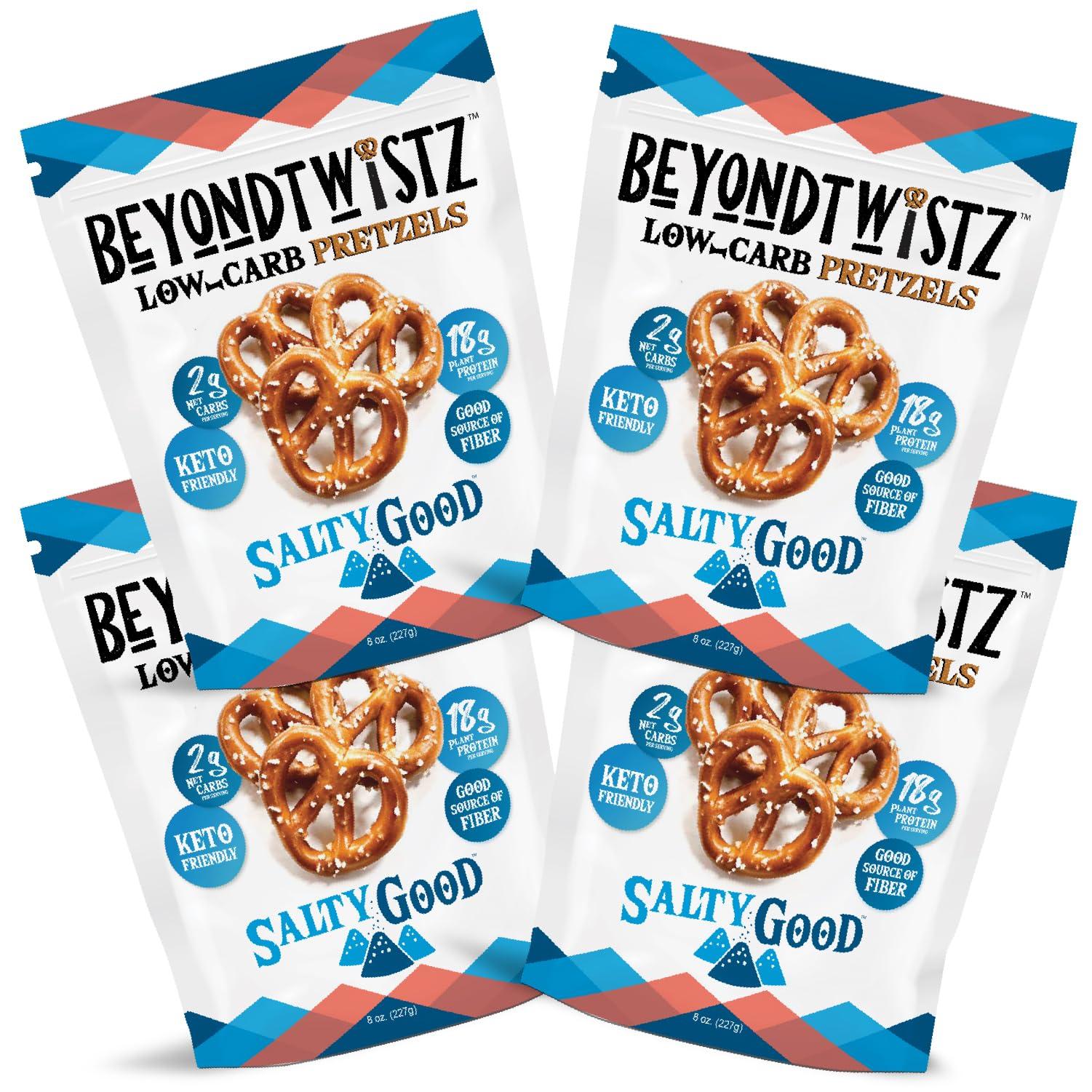 BeyondChipz BeyondTwistz Low Carb Pretzels, Salty Good, Keto Friendly, 2g Net Carbs, 18g Protein, Powered By HealthSense High Fiber Wheat Flour, Family Size 8oz Bag, Pack of 4