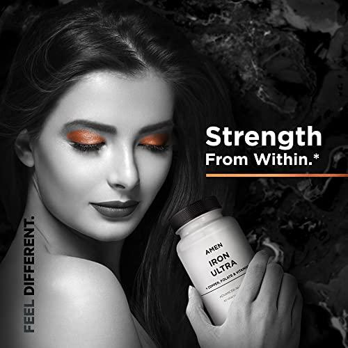 Amen Amen Iron Ultra Supplement + Copper, Folate, Vitamin C and Vitamin B12-2-Month Supply - Ferrous Sulfate Iron Vitamin - Iron 65mg Per Serving - Iron Folic Acid - Non-GMO Iron Pills - 60 Capsules