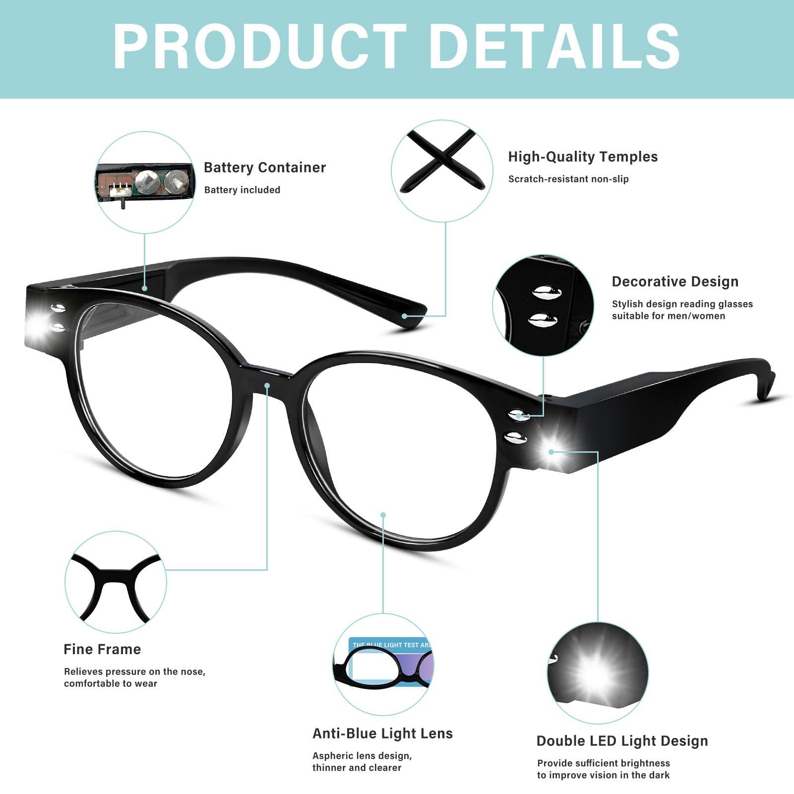 DuanMei Reading Glasses with Lights Bright LED Readers Magnifying Glasses with Lights Reading Glasses with LED Light Blue Light Blocking Glasses Lighted Magnifier Nighttime Reader Lighted Eye Glasses(+300)