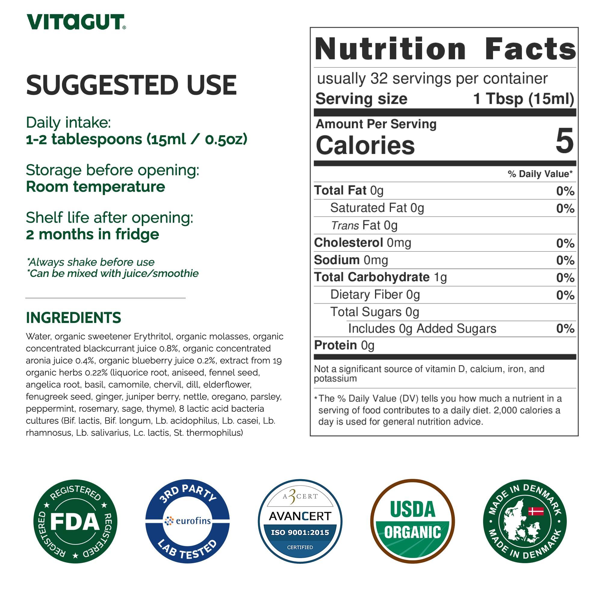 VITAGUT VITAGUT Liquid Probiotic, Prebiotics & Postbiotics 3-in-1 Organic, Live Probiotics for Women & Men - Probiotics for Digestive Health, 50 Billion CFU, 19 Fermented Herbs, Vegan Probiotic for Gut Health