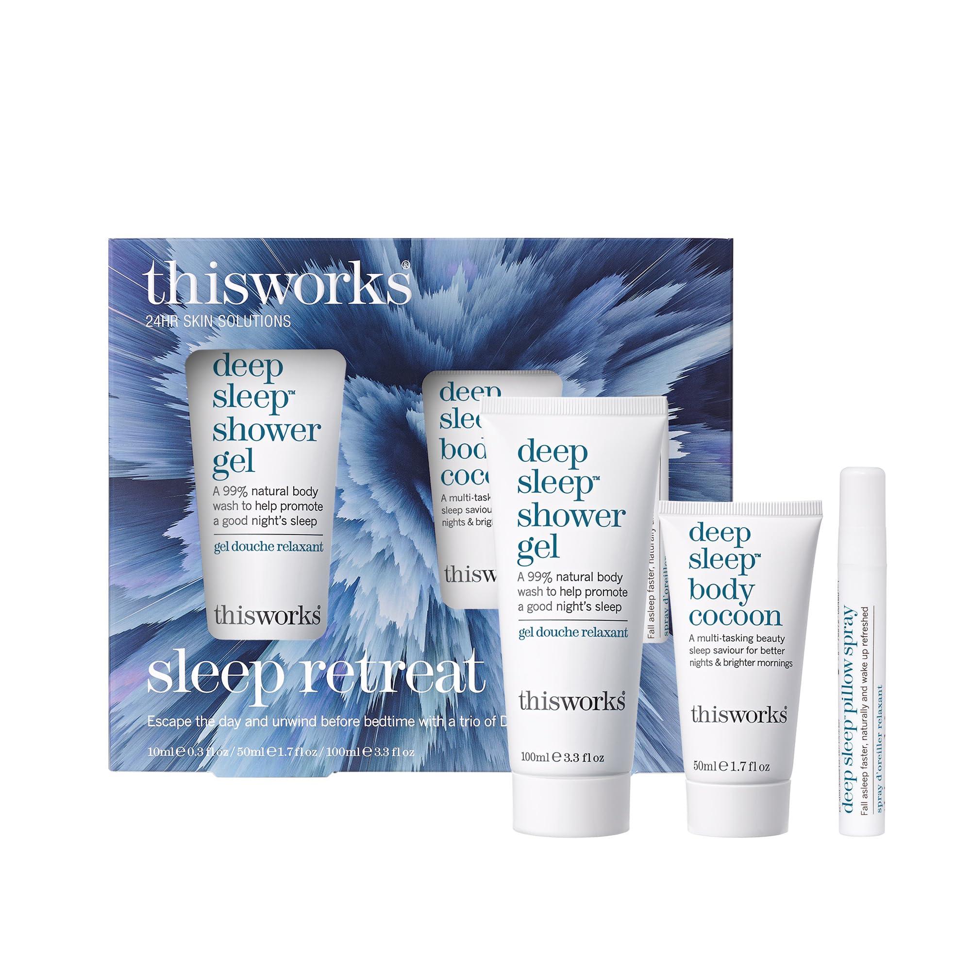 This Works thisworks Sleep Retreat Box Gift Set: Deep Sleep Pillow Spray, Body Moisturizer and Shower Gel. Travel set to Promote Sleep with Lavender, Camomile and Vetivert