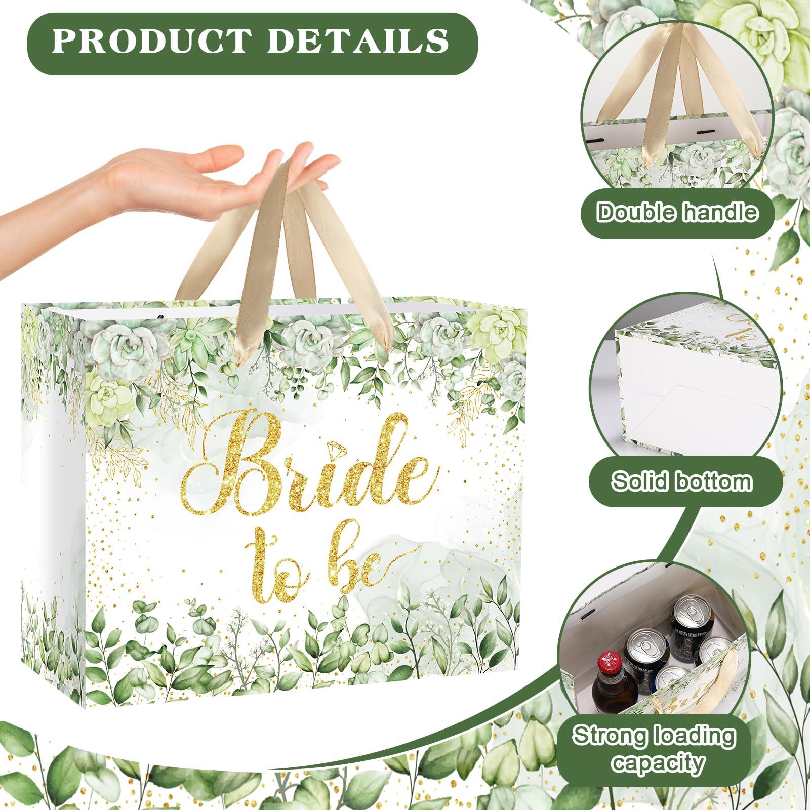 Woosytoo Bride Gift Bag Sage Green Bridal Shower Gift Bags with Cards Tissue Paper Large Bridal Gift Wrapping Bag Bachelorette Engagement Wedding Shower Gift Bag for Sage Green Christmas Bride to Be Party Decoration