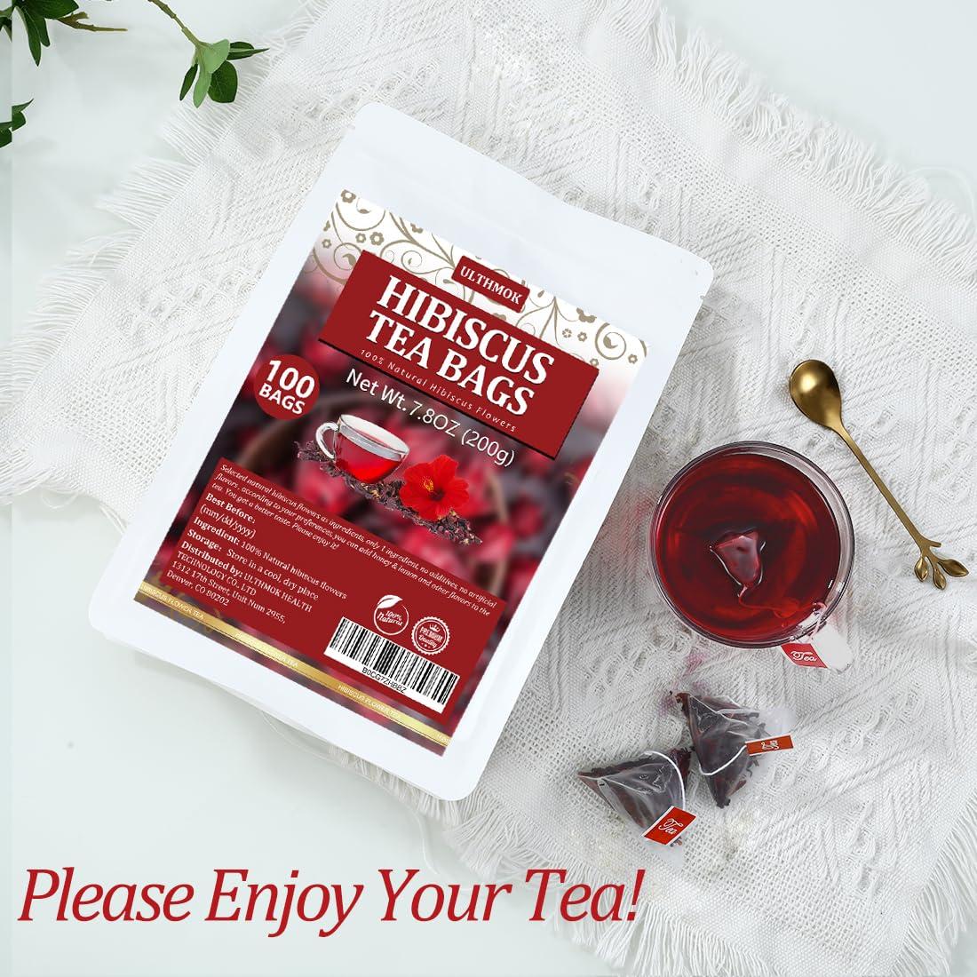 ULTHMOK Premium Hibiscus Tea Bags,100 Tea Bags/7.06 Oz,100% Pure Dried Hibiscus Flower,Natural & No Additives,Caffeine Free.