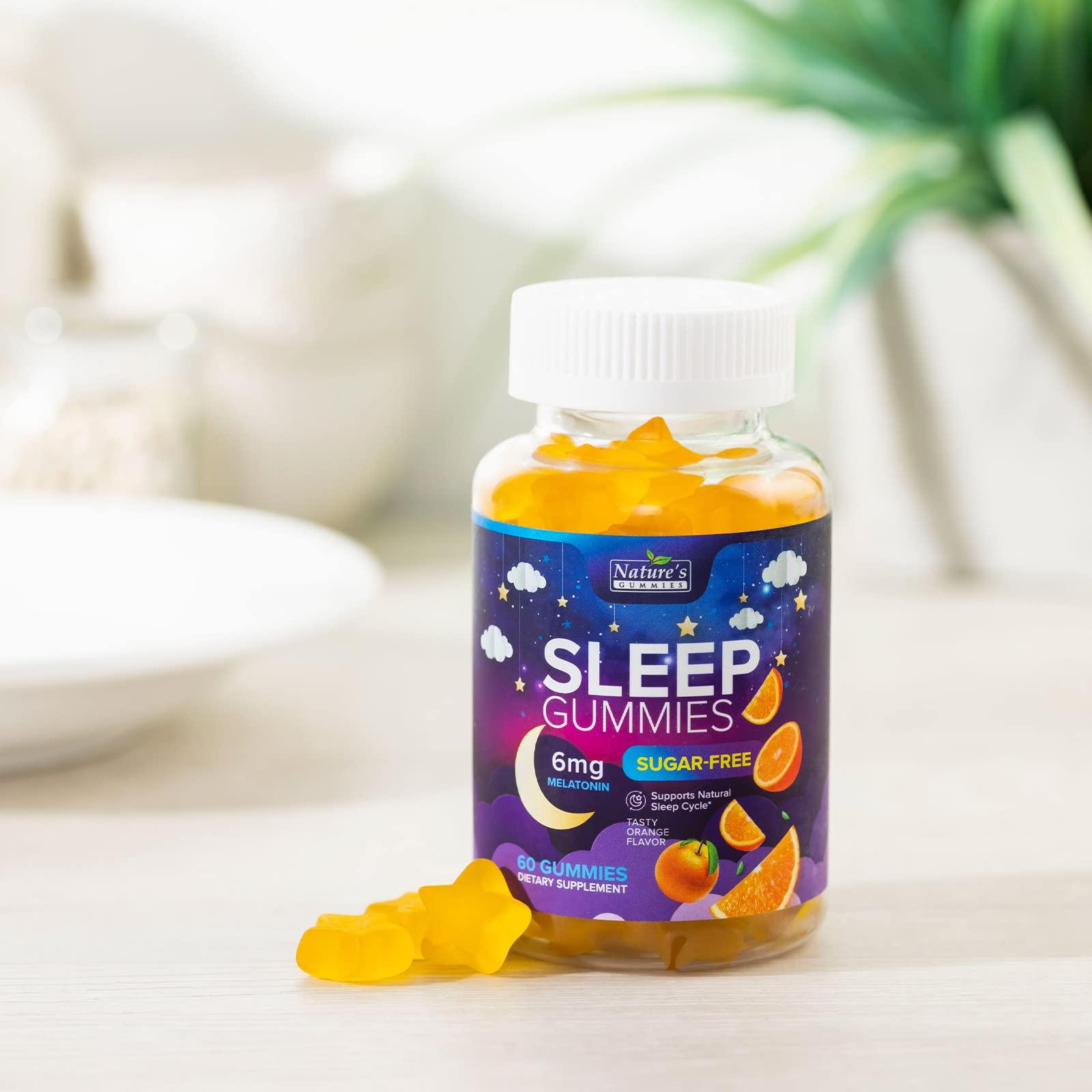 Nature's Gummies Sleep Gummies for Adults 6mg - Sugar Free Extra Strength Melatonin Gummy, Natural Sleeping Gummy for Adults, Kids, Orange Flavored, Vegan, Non-GMO, Sleep Vitamin Support Supplement - 60 Gummies