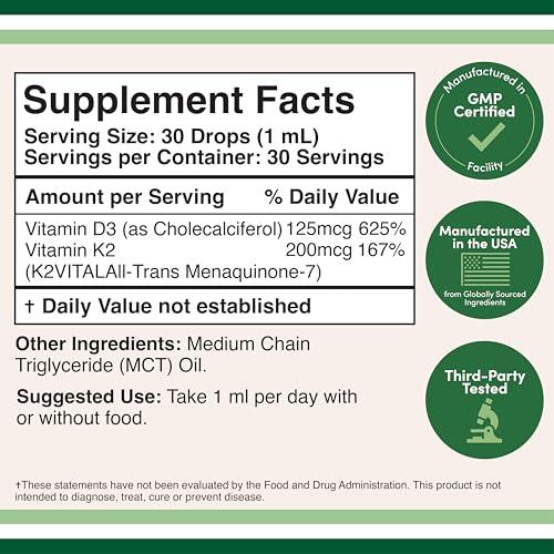 Double Wood Supplements Vitamin D3 K2 5,000 IU Liquid Drops (5,000 IU of D3 and 200mcg of 99.9% All-Trans Patented K2 MK-7 (K2Vital)) Max Absorption Liquid Vitamin D Drops (30 Servings) by Double Wood