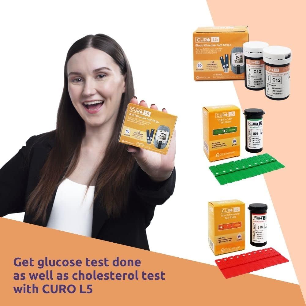 CUROFIT Home Blood Cholesterol Test Kit - CURO L5 Digital Meter - (10 Total Cholesterol Strips & 10 Triglycerides Test Strips and 50 Glucose Test Strips Included)