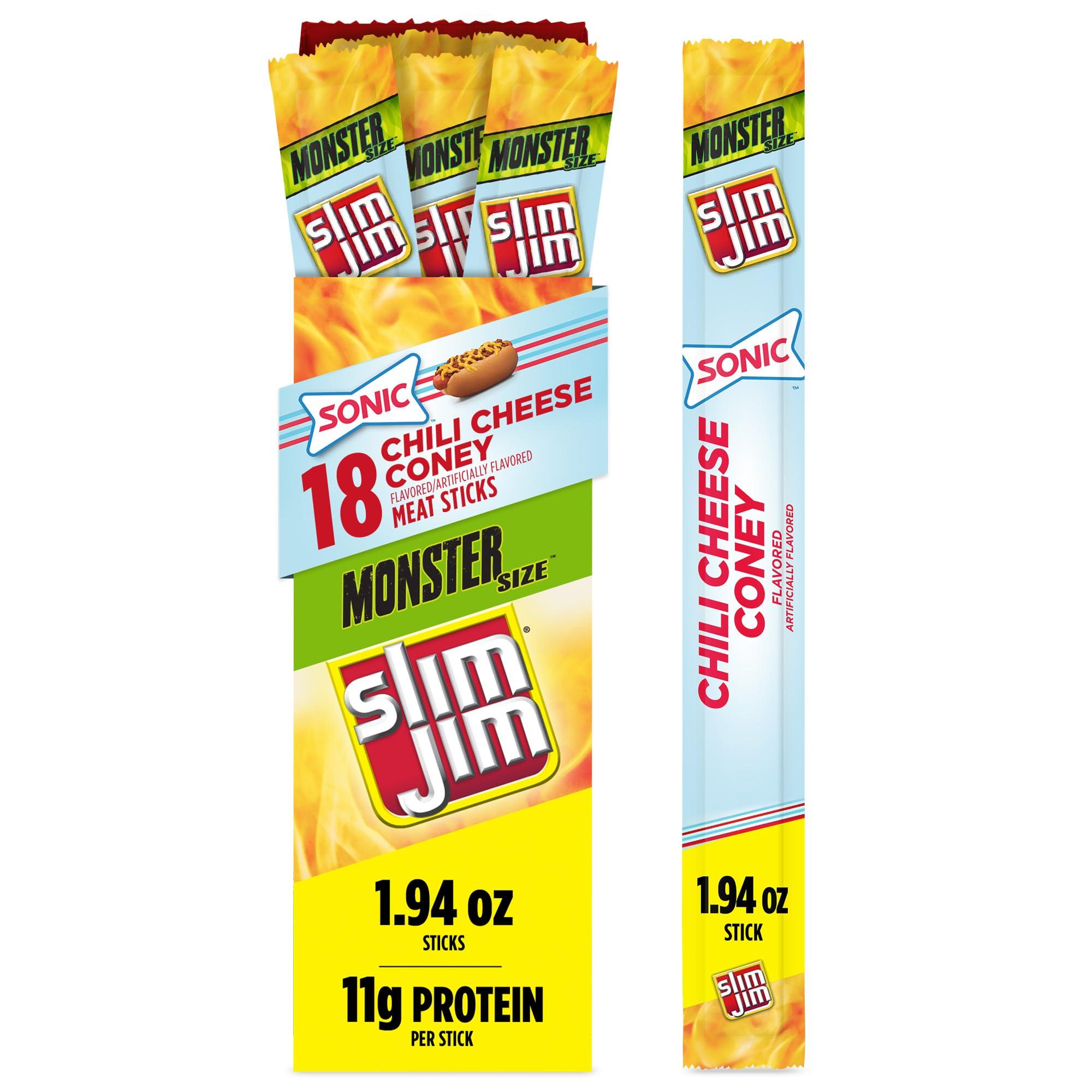 Slim Jim Slim Jim Monster Smoked Meat Sticks, Sonic Chili Cheese Coney Flavor, High Protein, 1.94 oz. (18 Count)