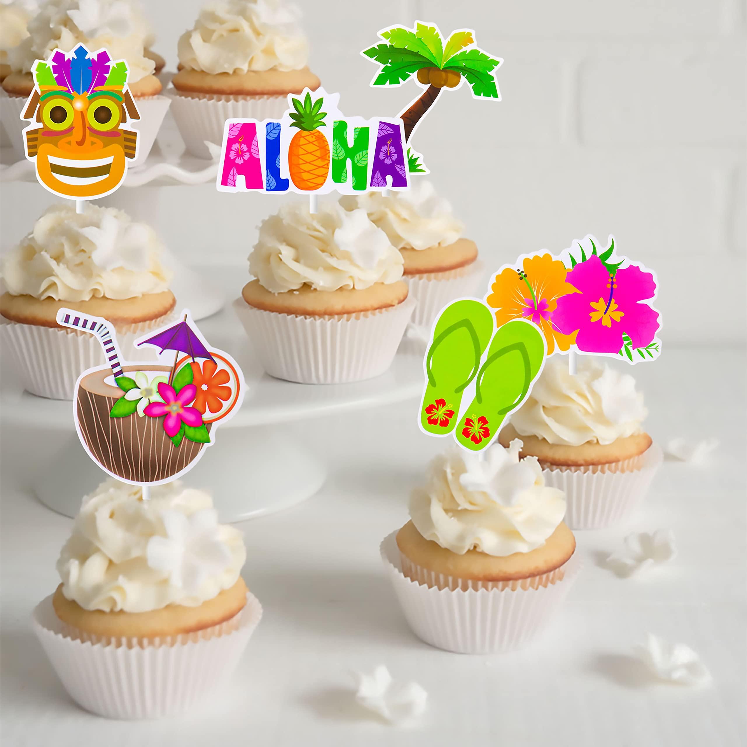 C L cooper life 32 Pcs Hawaii Aloha Luau Cupcake Toppers Hawaiian Tropical Summer Theme Birthday Party Cake Decorations with Palm Leaves Flamingo Tiki Coconut Pattern