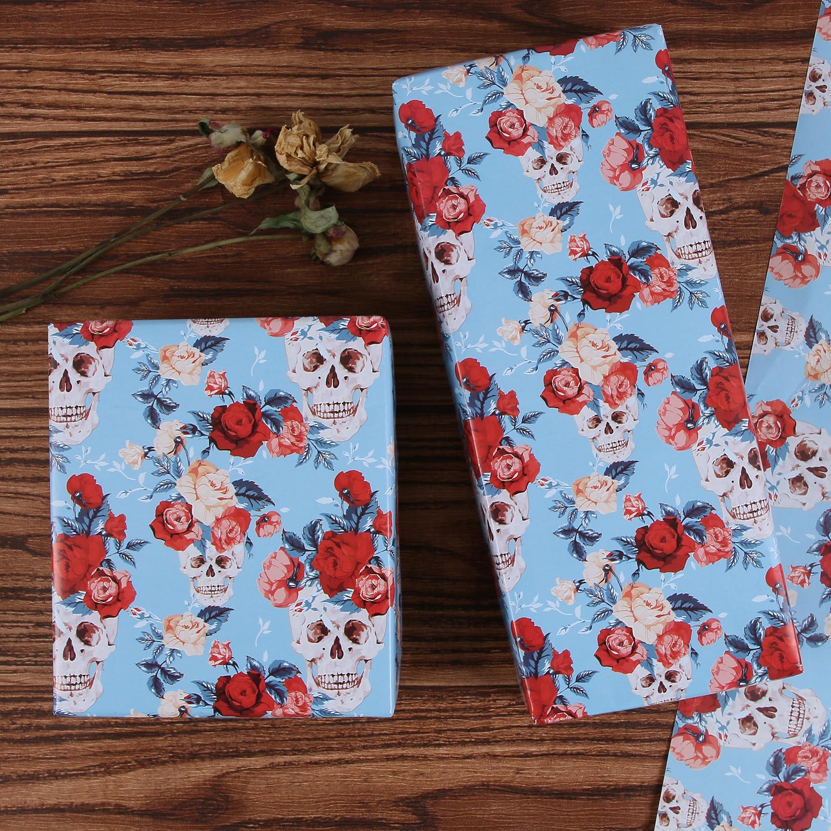 Aimyoo Aimyoo Blue Skull Floral Wrapping Paper Roll 17 in x10ft, Horror Gothic Gift Wrap Paper for Halloween Wedding Bridal Shower