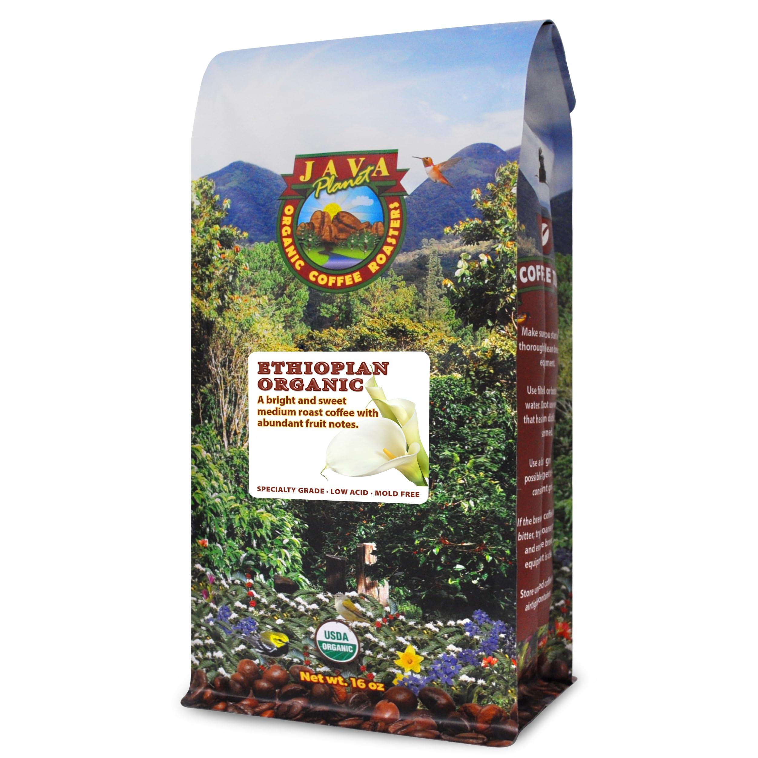 Java Planet Java Planet Low Acid Coffee, Organic Ethiopia Single Origin: Whole Bean Medium Roast - Smooth Full Flavored Coffee Bean, 1LB Bag