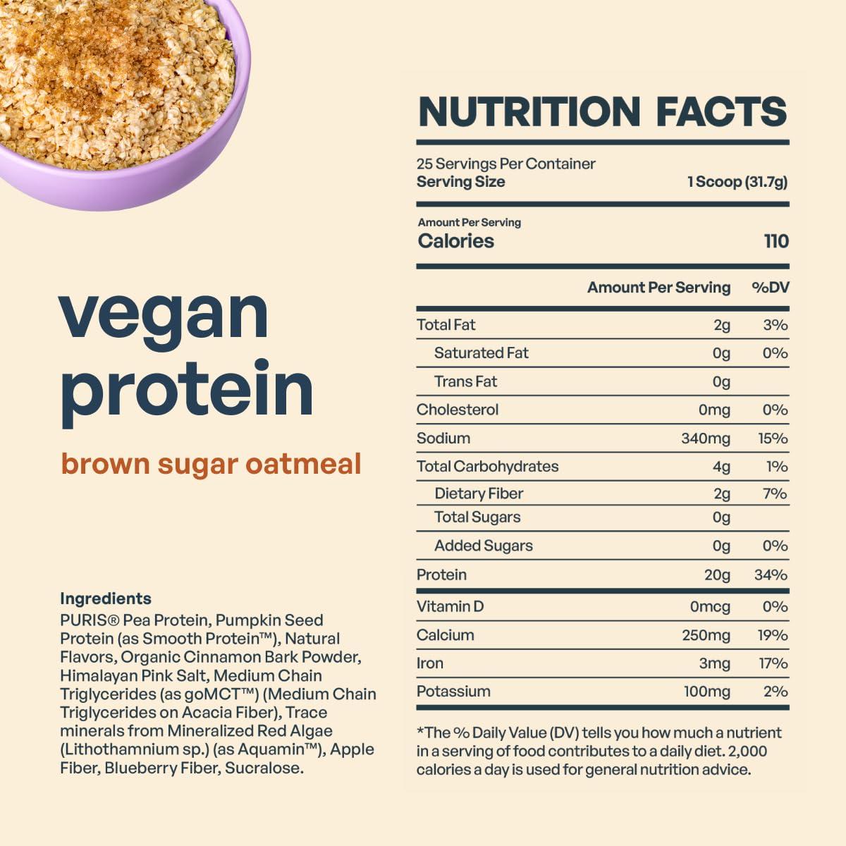 BEAM BEAM Be Amazing Vegan Protein Powder | 20g Plant-Based Protein with Prebiotics Fibers | Sugar-and-Gluten-Free Shake Mix, Low Carb Non-Dairy Smoothie | Brown Sugar Oatmeal, 25 Servings