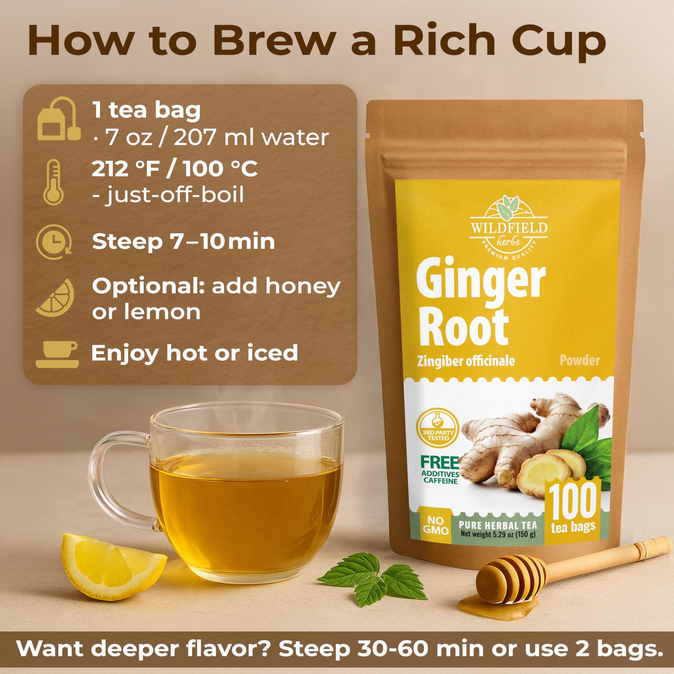 WILDFIELD HERBS 100 Ginger Tea Bags Ginger Root Tea Dry Dried Herb (Zingiber officinale) - 100 Count 1.5g Tea Bags Ginger Raz de jengibre