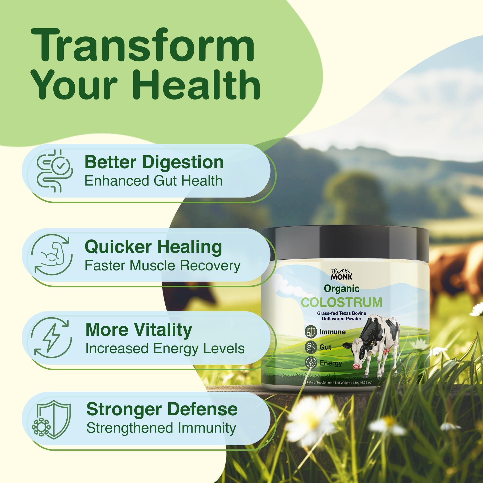 THE MONK Colostrum Supplement - Grass Fed Texas Bovine Whole Colostrum Powder for Immune, Gut & Wellness - Ultimate Ig Superfood - Unflavored - 100% Pure - 6.35 Oz - 90 Servings (Best Value) - Made in The USA