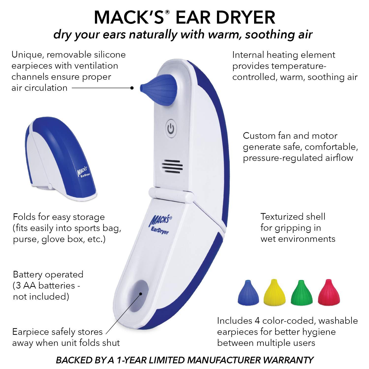 Mack's Mack's Ear Dryer - Soothing Electronic Warm Air Ear Dryer for Swimming, Showering, Water Sports, Surfing, Scuba and Hearing Aid Use