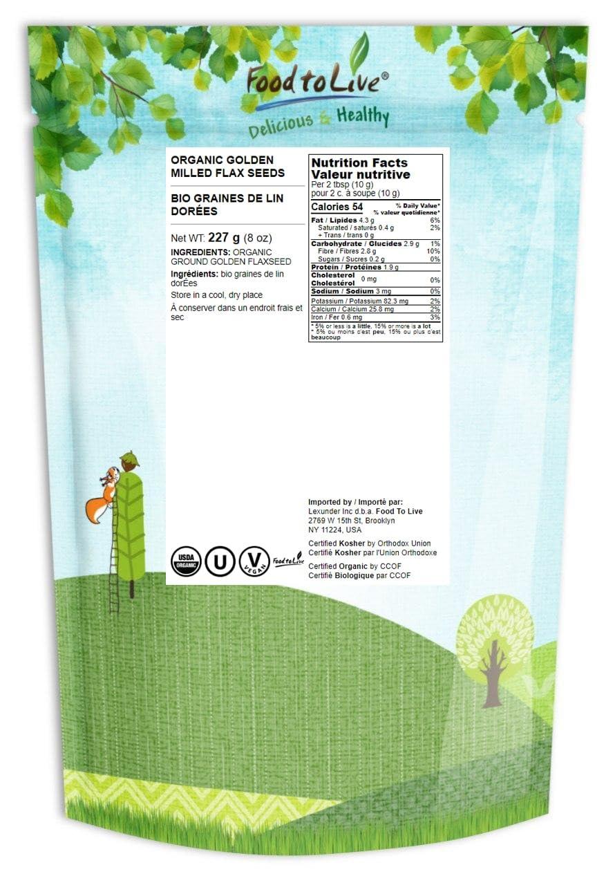 Food to Live Food to Live Organic Golden Flaxseed Meal, 8 Ounces Cold-Milled Flax Seeds. Non-GMO, Raw, Kosher, Vegan Bulk. Rich in Omega-3, and Dietary Fiber. Vegan Egg Substitute. Great for Baking