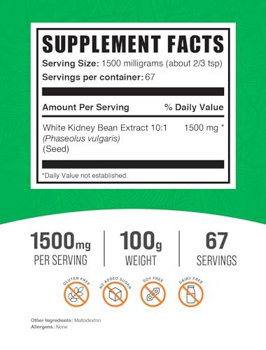 BulkSupplements BulkSupplements.com White Kidney Bean Extract Powder - White Kidney Bean Powder, Herbal Supplement - Gluten Free, 1500mg per Serving, 100g (3.5 oz) (Pack of 1)