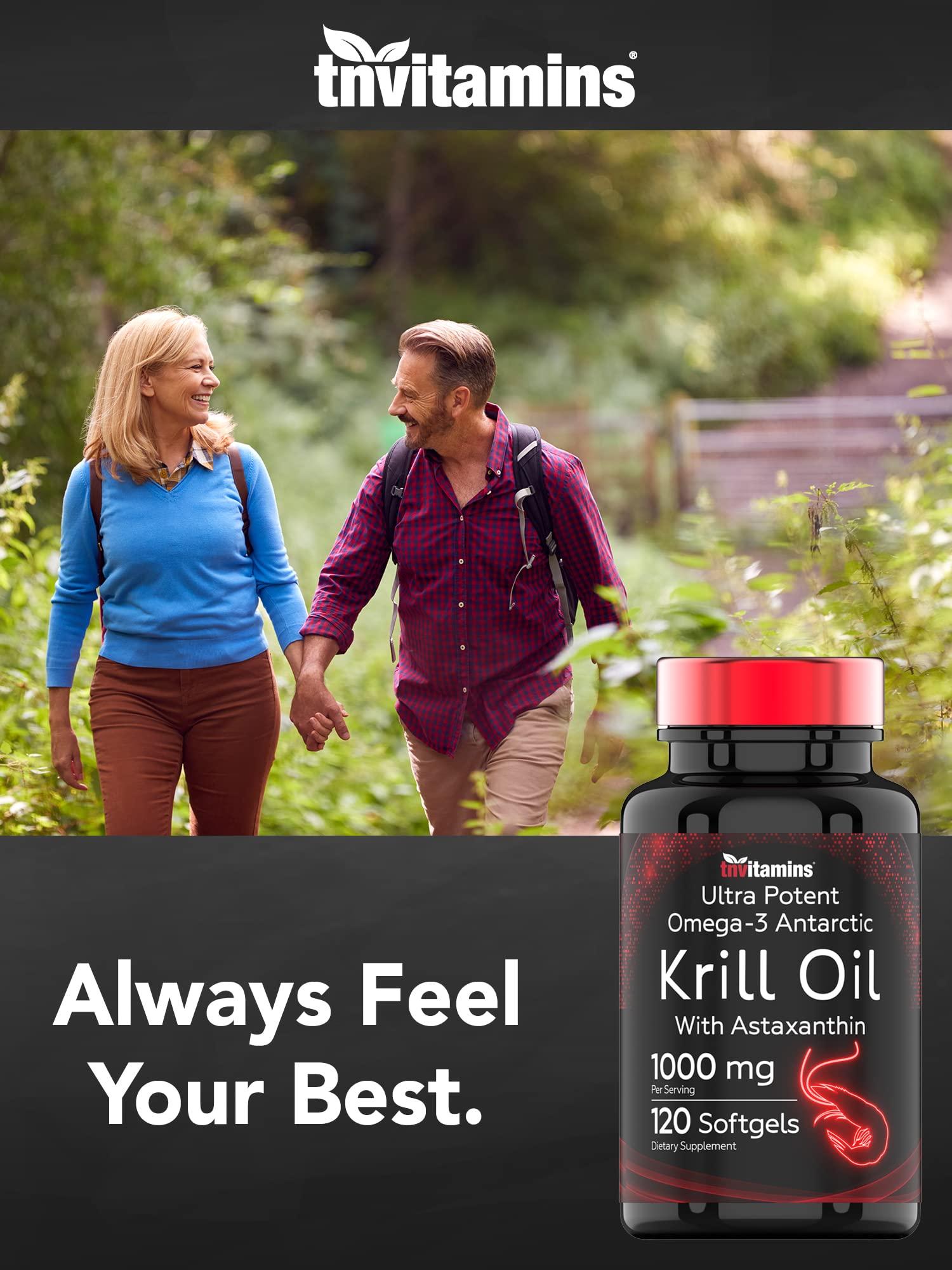 tnvitamins Antarctic Krill Oil 1000mg x 120 Softgels with Astaxanthin | 1000mg Red Krill Oil, 200 mg Phospholipids, 120 mg EPA, 80 mg DHA, 200 mcg Astaxanthin | Potent & Pure Omega-3 Cold Water Antarctic Krill