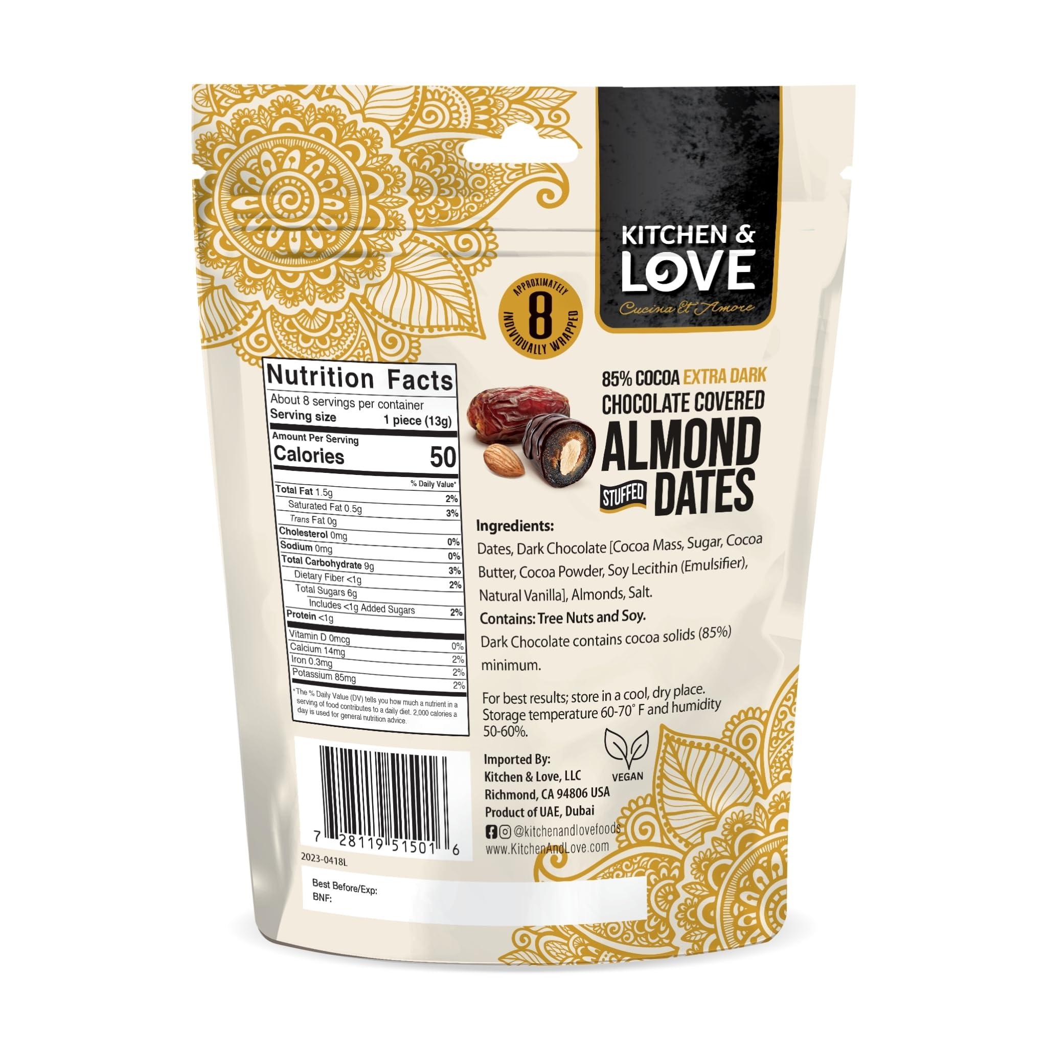 Kitchen & Love Kitchen & Love Chocolate Covered Almond Stuffed Dates in a Convenient Resealable Pouch, 8 Individually Wrapped Pieces, 85% Extra Dark Chocolate, Healthy Snack, 3.5 oz pouch (Pack of 4)