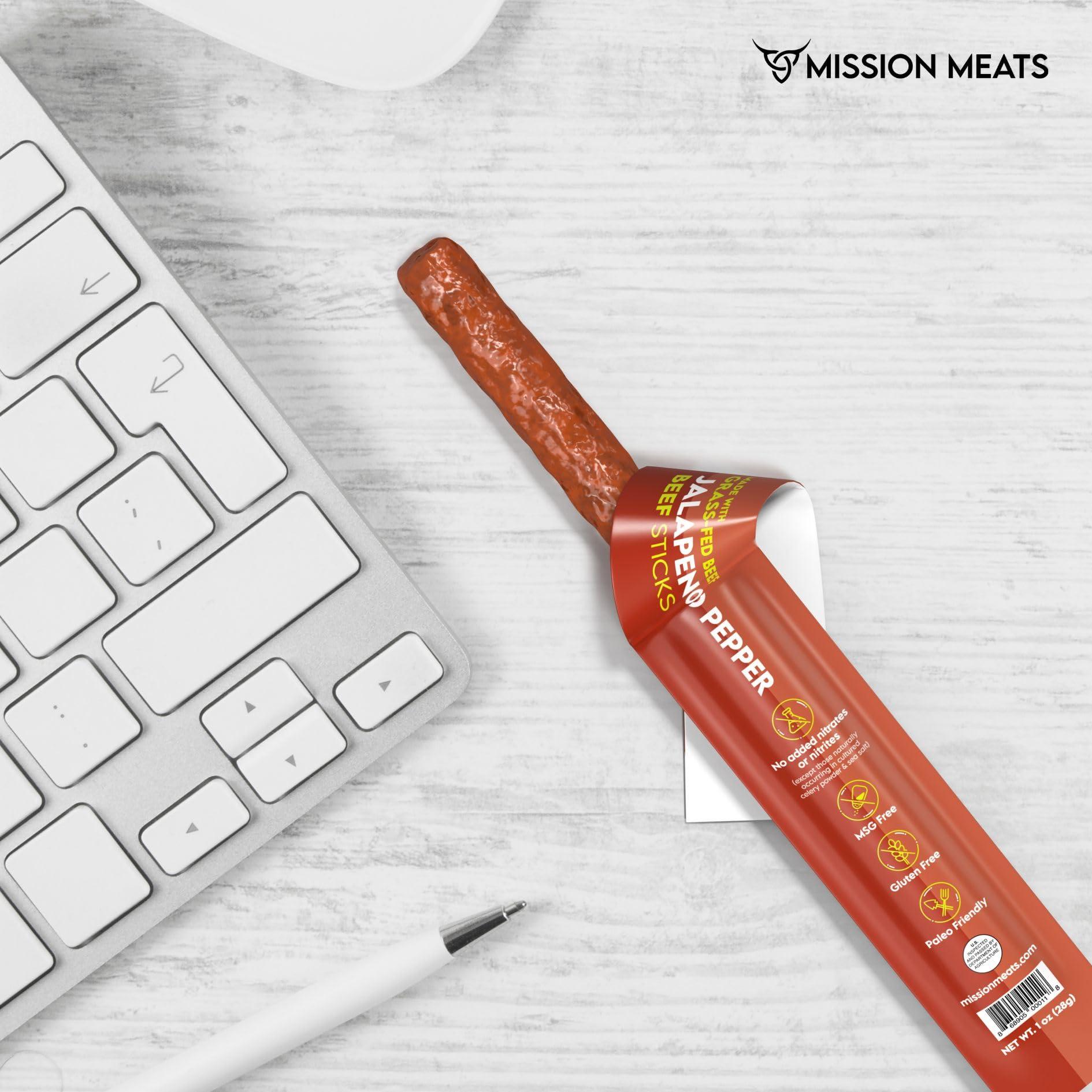 EST. 2015 MISSION MEATS Mission Meats Beef Sticks 100% Grass Fed & Pasture Raised, Zero Sugar, Gluten Free, Meat Sticks Individually Wrapped, Healthy Snacks, Whole 30 & Paleo Friendly, Jalapeno 1oz (Pack of 24)