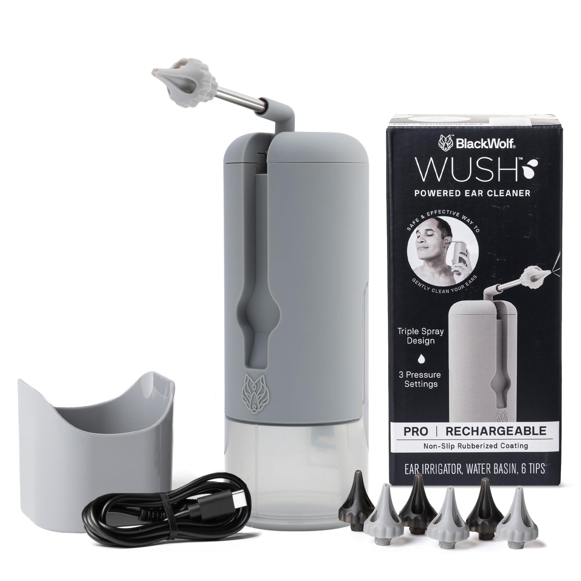 Black Wolf Wush Pro by Black Wolf - The Original Deluxe Water Powered Ear Cleaner with 6 Reusable Replacement Tips by Black Wolf - Safe & Effective for Ear Wax Buildup - Electric Ear Wax Removal Kit (Grey)