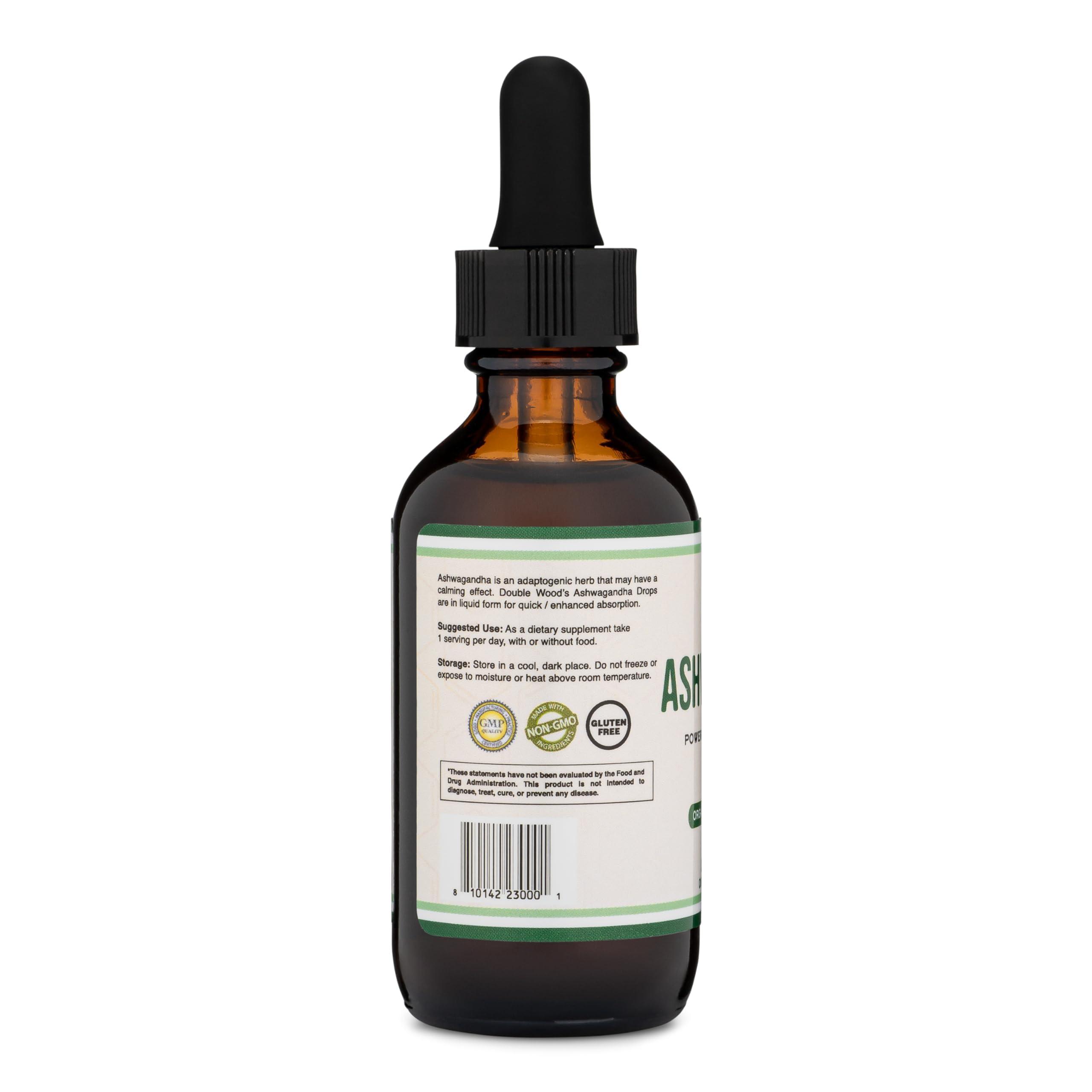 Double Wood Supplements Ashwagandha Organic Drops for Stress Relief (1,200mg, 60 Servings) Ashwagandha Tincture for Adrenal Support and Cortisol Manager (Vegan Safe, Gluten Free, Non-GMO) by Double Wood
