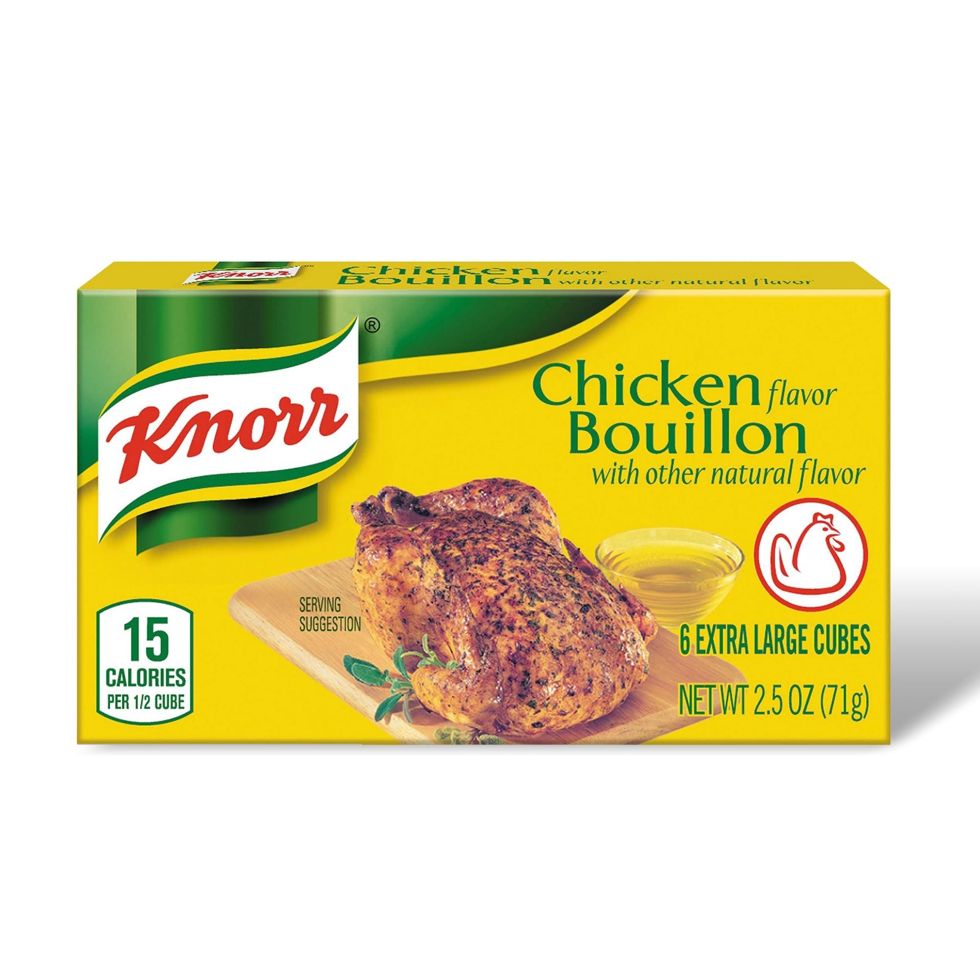 GOOD FOR MY HOME Chicken Bouillon Cubes Bundle. Includes One-2.5 Oz Box of Knorr Chicken Bouillon Cubes in a Good For My Home Box. 6 Extra Large Chicken Bouillon Cubes in a Box! Bouillon Cube is Only 30 Calories!