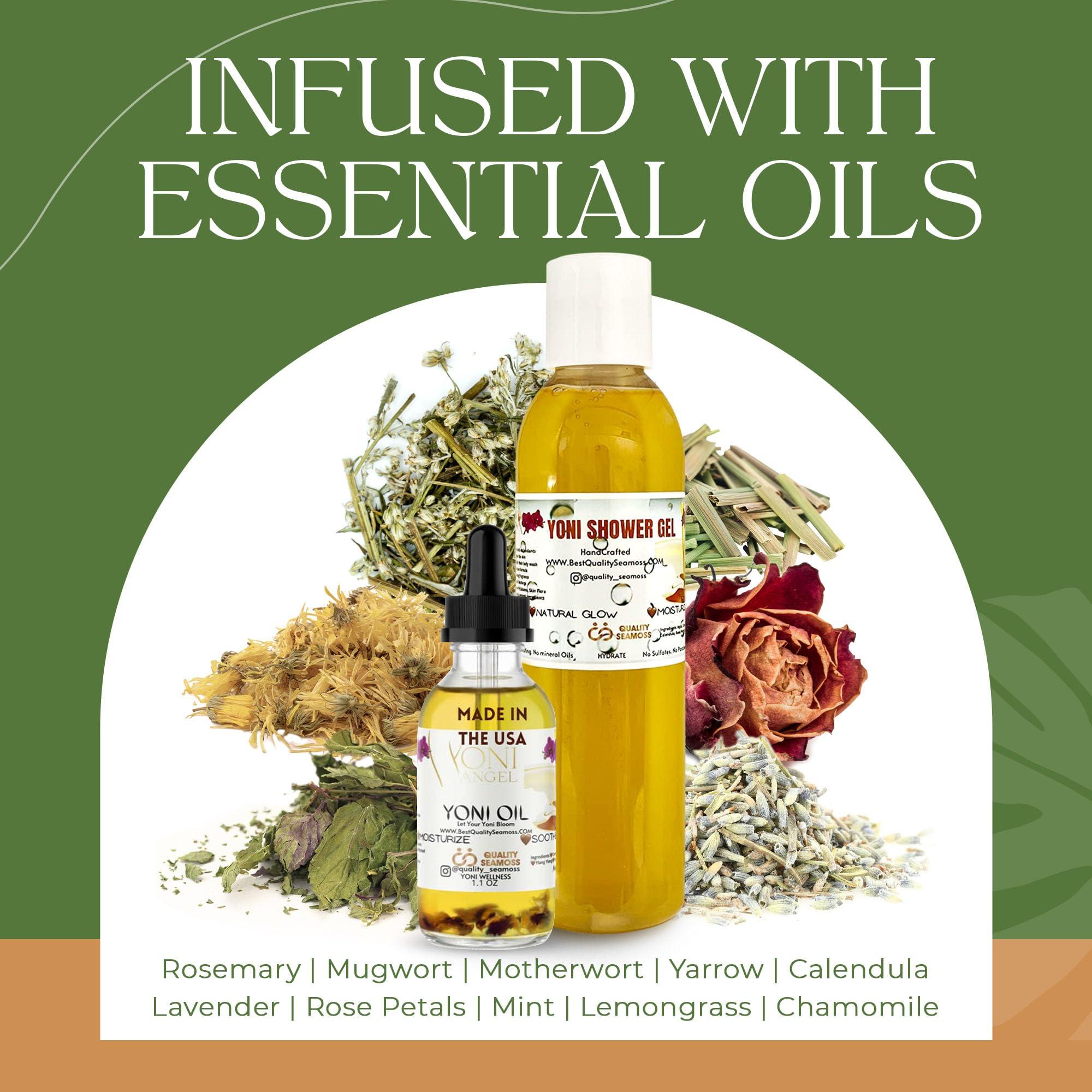 Quality Seamoss and Yoni Oil Yoni Wash Shower Gel (7 oz) and Yoni Oil (1.1 oz) Bundle, Includes Body Wash for Cleansing and Feminine Care Oil for pH Balance and Odor Control, Natural Feminine Hygiene Products, Body Care Bundle